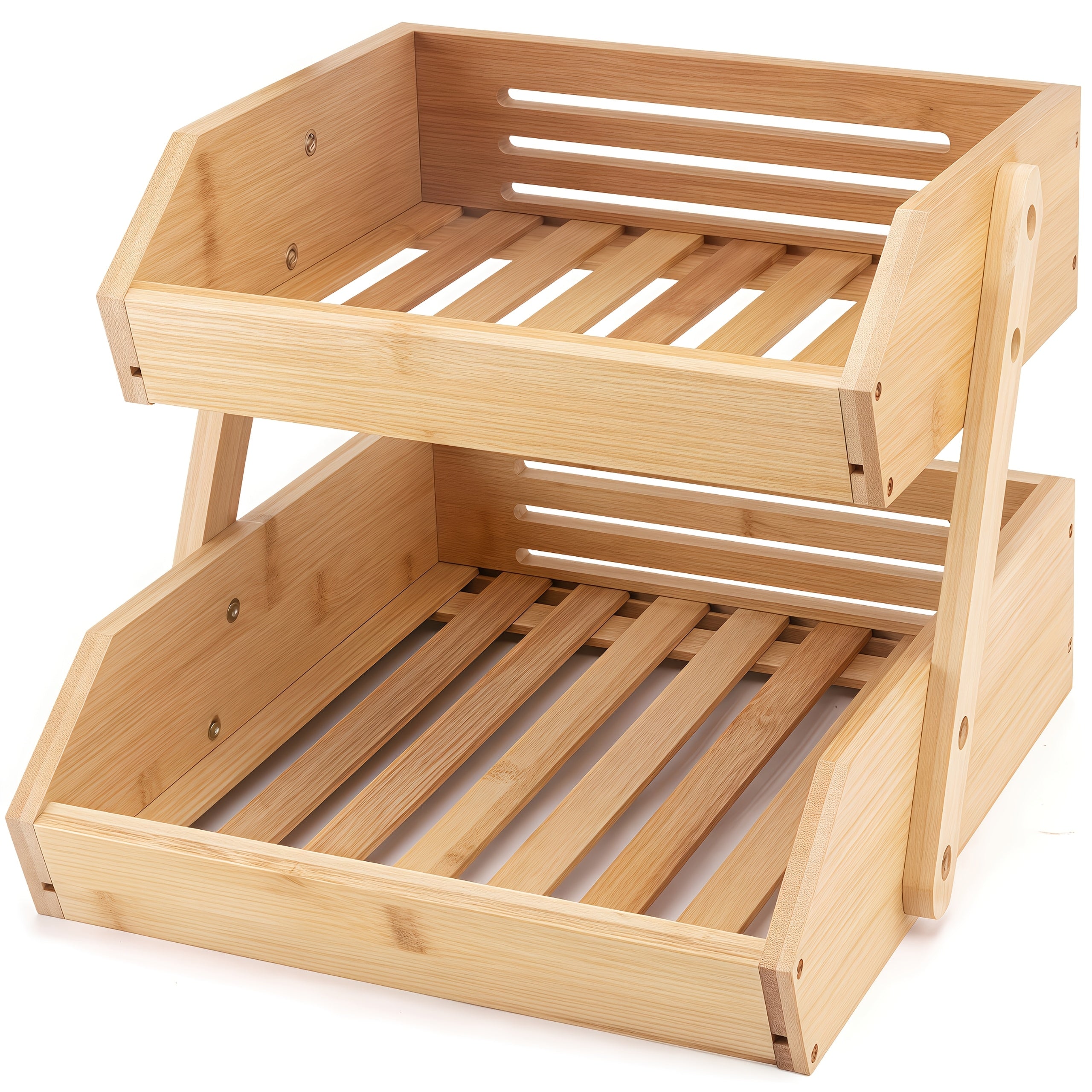 Stackable Bamboo Kitchen Organizer 2 Or 3 Tier Space-Saving Storage Rack for Fruits, Vegetables, Bread & Snacks Multi-Tier Bamboo Storage Basket Compact Stackable Display Tray for Kitchen, Pantry Holds Produce, Bakery & Snacks