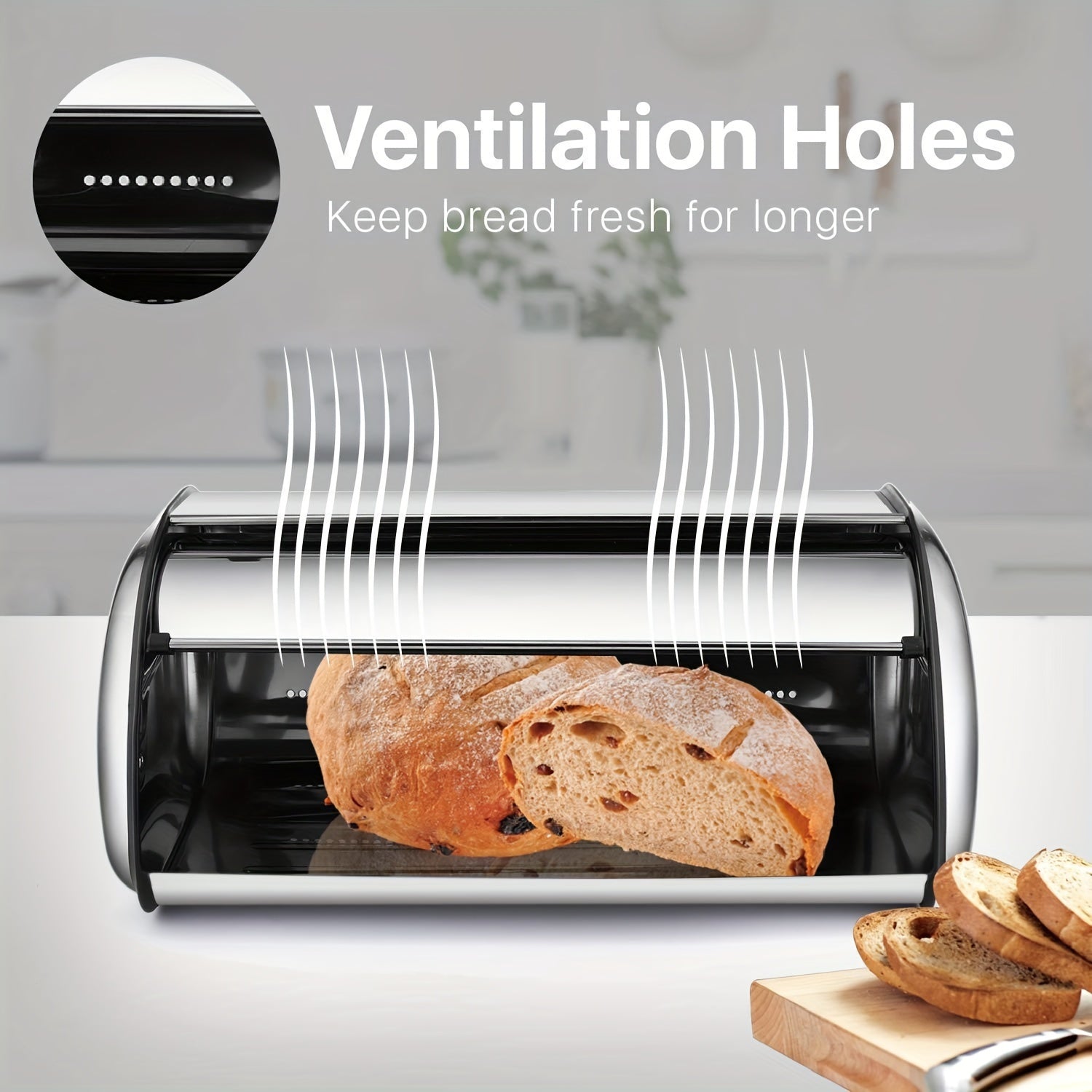 13 "Stainless Steel Roll Top Bread Box, Suitable for Countertop Bread Storage Containers with Stainless Steel Lid - Fresh And Insect Resistant, Can Hold Multiple Large Breads And Other Baked Goods Including Bagels Muffins, Fruit, Etc