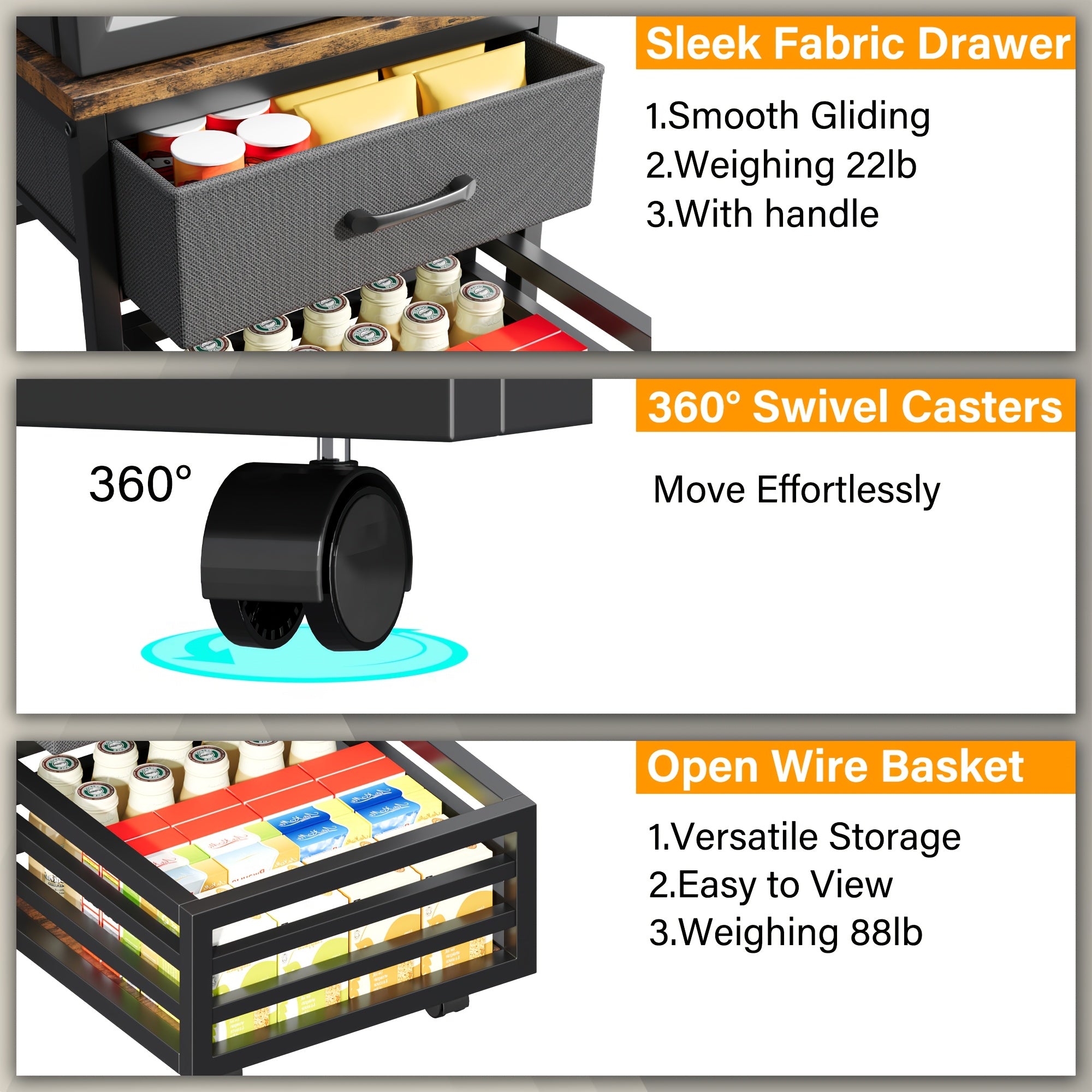 Heavy Duty Appliance Storage Shelf with Sliding Shelf & Drawer - Suitable for Fridge, Washer, Dishwasher | 19.69inch Height Shelf with 88lb Basket & Smooth Glide Drawers | 360° Swivel Wheels, Wood for Laundry Room & Kitchen, Utility Racks