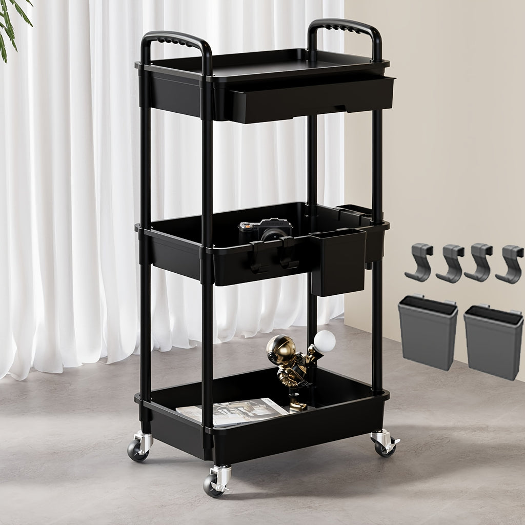 Kitchen Essential – 3 Tier Multifunctional Rolling Cart with Drawer, Durable Plastic Rolling Cart- with Drawers And Lockable Wheels, Includes Practical Accessories Like Cup Holders And Hooks