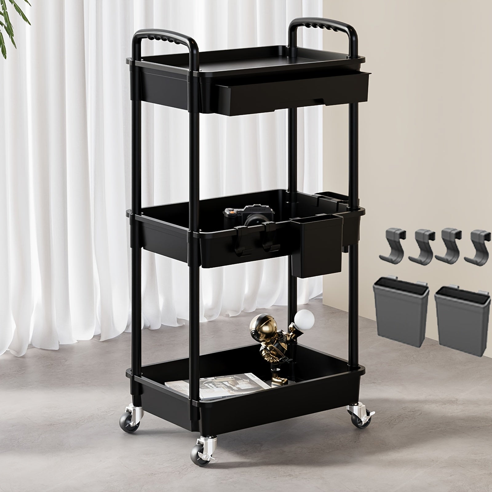 Kitchen Essential – 3 Tier Multifunctional Rolling Cart with Drawer, Durable Plastic Rolling Cart- with Drawers And Lockable Wheels, Includes Practical Accessories Like Cup Holders And Hooks