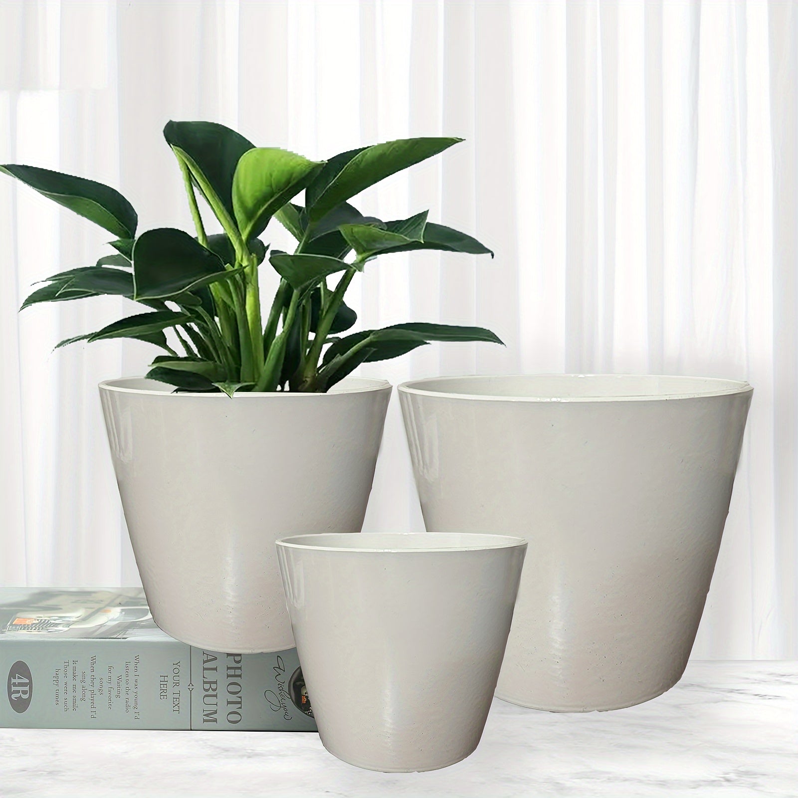 Decorative Vase – 3pcs Set PolyStone Modern Round Planters - Lightweight
