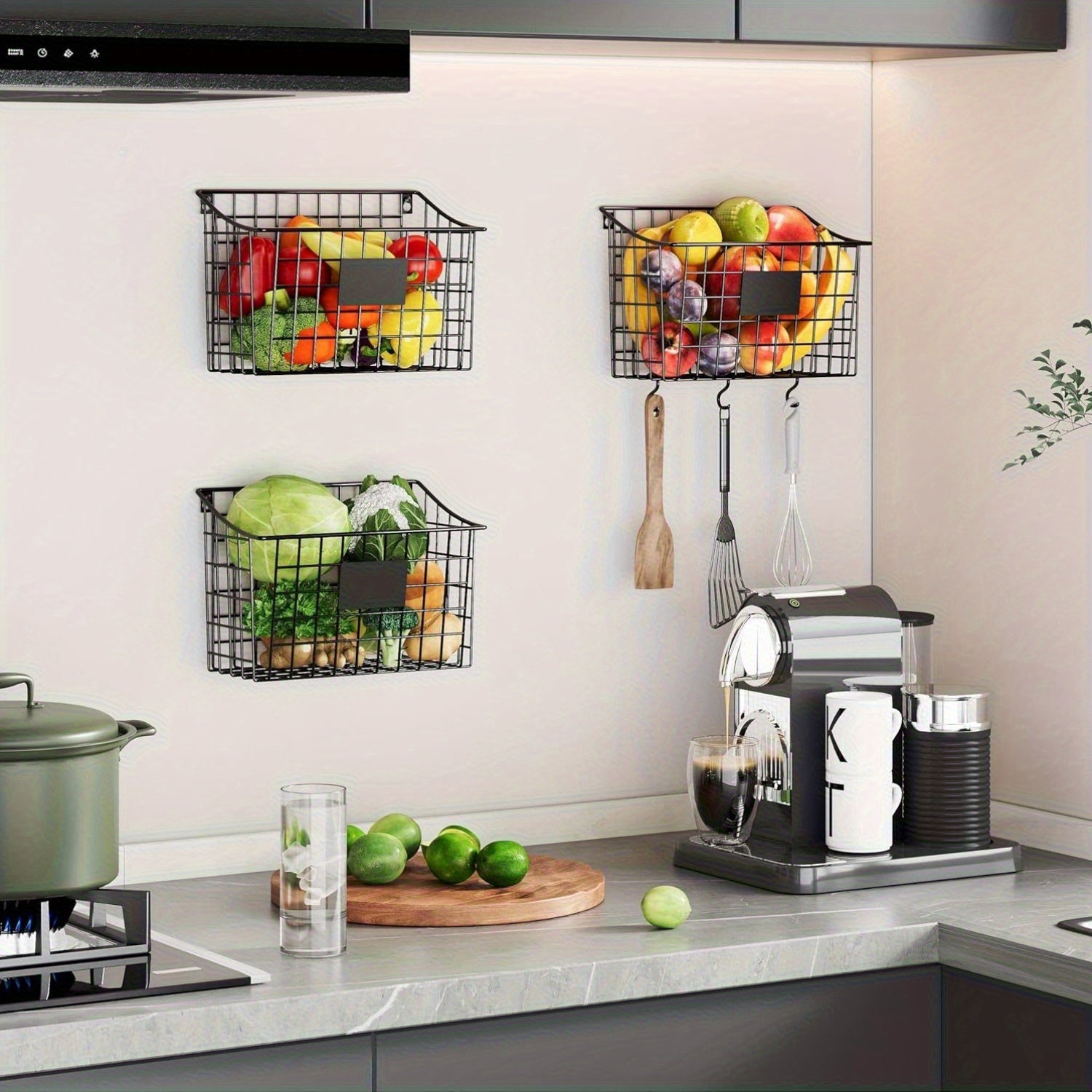 Wall Mounted Bin Basket with 5 Hooks 3 Label Plate Adhesive-3 Pack, Cabinet Hanging Metal Wire Basket, Rustic Farmhouse Decor, Storage Organization Shelf for Pantry Kitchen Bathroom 10.6*7.5*5.1Inch, Shelf Baskets