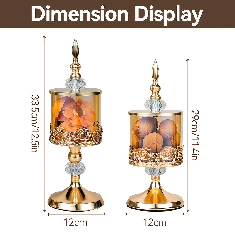 Easy-Access 2pcs Airtight Storage Jar Set – clear reusable pantry storage, 2pcs Vintage Elegant Glass Candy Dish with Lid Golden Crystal Jar for Candy Buffet, designed for American homes, daily convenience and practical gifting