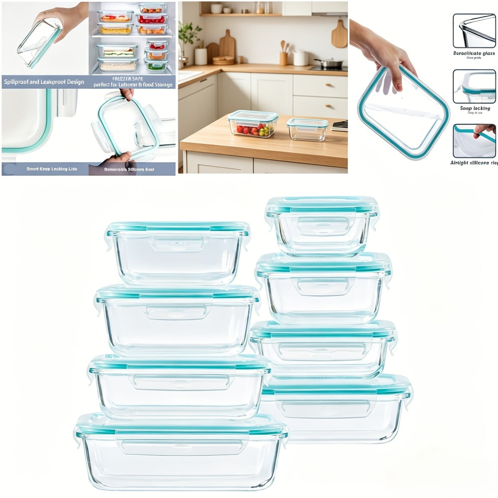 [Glass Food Storage Box] 16pcs Glass Container Seal Food Storage Box, Refrigerator Receive a Case, Leak-Proof Seal, Easy to Clean Design, Microwave/Freezer Safe, Lunch Boxes | Sealed Storage | Durable Glass Box Lid Food Storage Containers (8 Lids And 8 Co