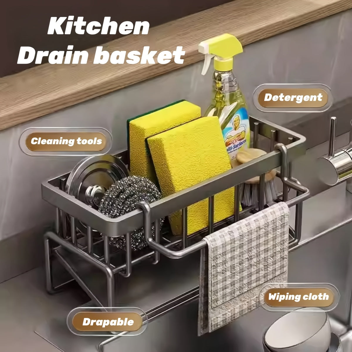 1pc Gray/Black Sink Caddy Sponge Holder for Kitchen Sink, Stainless Steel Rustproof, Bathroom Storage Basket, Kitchen Sink Caddy with Brush Holders, Chopstick Container, Kitchen Sink Organizer Dish Sponge Organizer with Dish Towel Rod