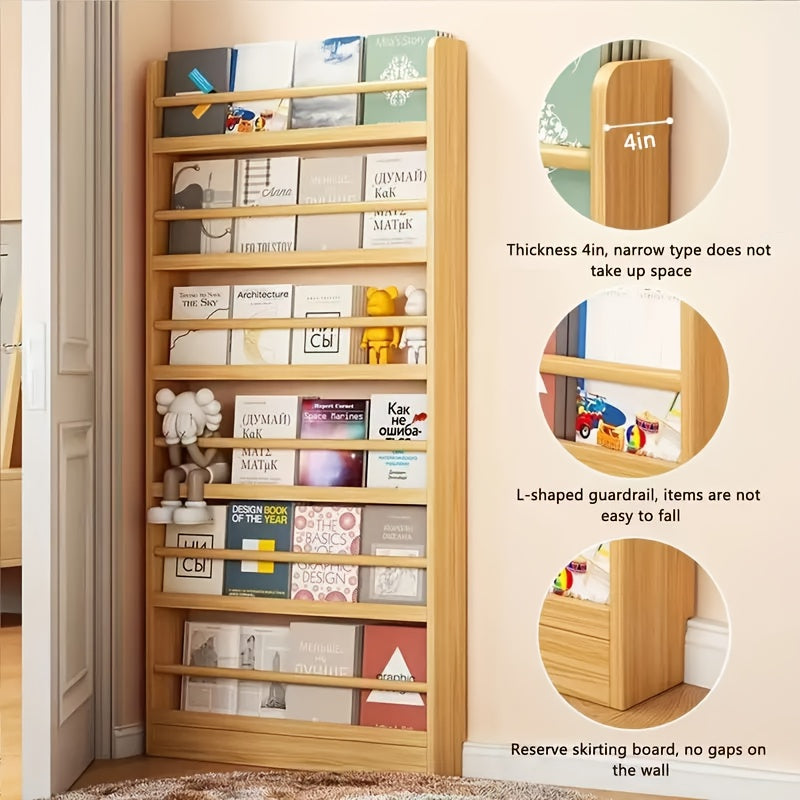 Home Storage Organizer – 2/3/4/5/6-Tier Solid Wood Bookshelf, 0 Formaldehyde, Over-the-Door Bookshelf, Ultra-Thin Narrow Design, Wall-Mounted Storage Shelf for Living Room, Study, Bedroom, S