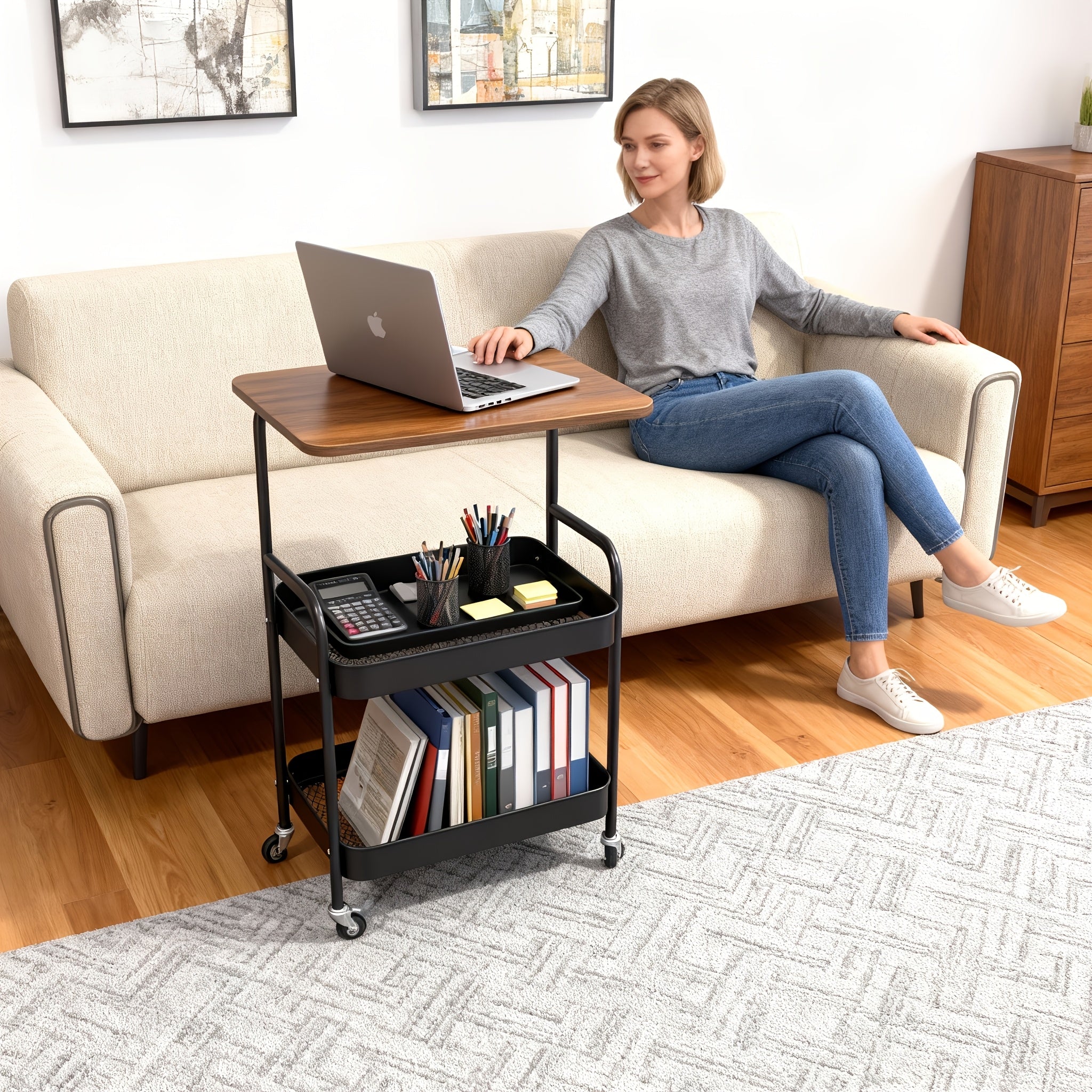 Easy-Access Adjustable Home Storage Rack – durable multi-purpose storage, Three-tier Metal Utility Cart Metal Storage Rack Rolling Cart with Wooden Tabletop Multifunctional Storage, designed for American homes, daily convenience and practical gifting