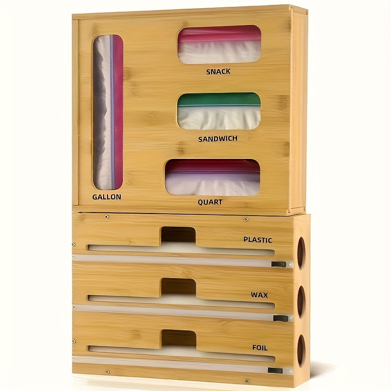 Bamboo Kitchen Drawer Storage Organizer - Foil And Plastic Wrap Dispenser with Cutter, Adjustable Dividers, And Compact Design for Gallon, Quart, Sandwich, Snack Bags And More