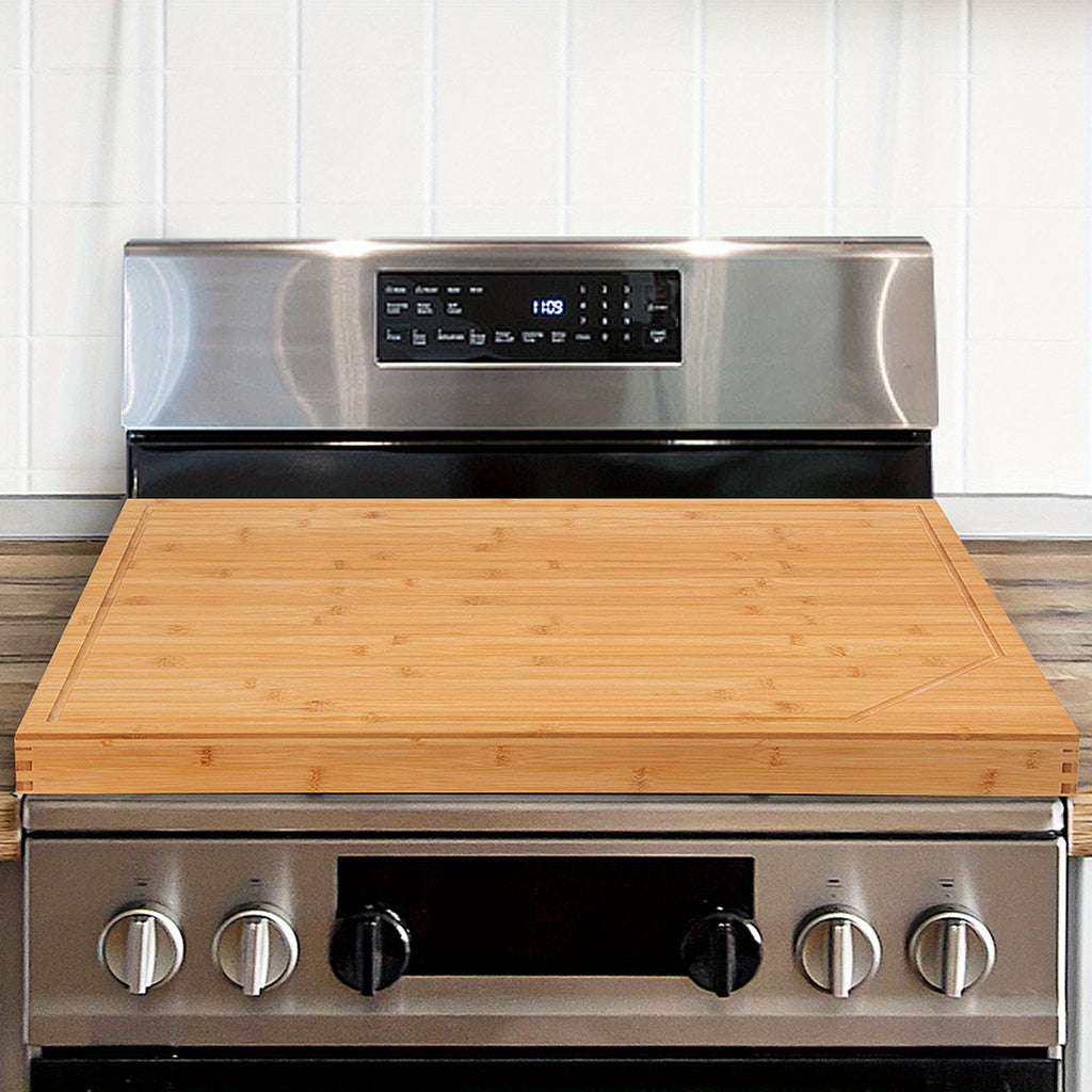 Natural Bamboo Stove Cover for Gas & Electric Burners - 30"L x 22"W x 2.5"H with Built-in Handles, Versatile Cutting Board & Serving Tray, Groove Design for Sink or Countertop Protection, Kitchen Stove Cover | Natural Bamboo Finish | Natural Wood Appearan