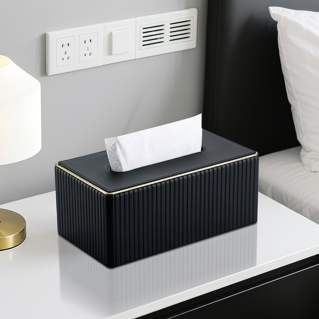 Smart Stackable Home Storage Bins – portable space-saving storage, Cream White Vertical Striped Faux Leather Tissue Box With Golden Trim Desktop Napkin Dispenser, designed for American homes, daily convenience and practical gifting