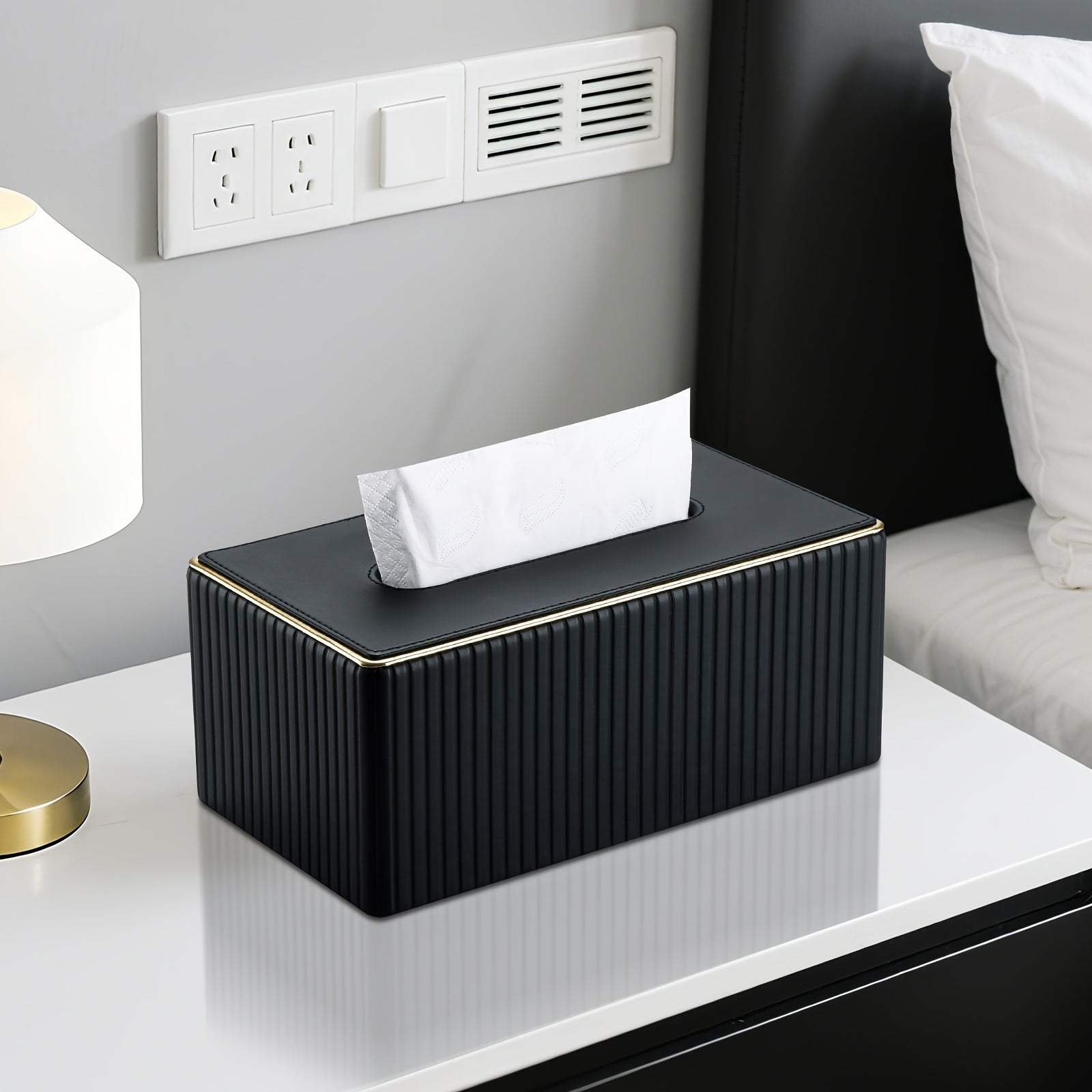 Smart Stackable Home Storage Bins – portable space-saving storage, Cream White Vertical Striped Faux Leather Tissue Box With Golden Trim Desktop Napkin Dispenser, designed for American homes, daily convenience and practical gifting