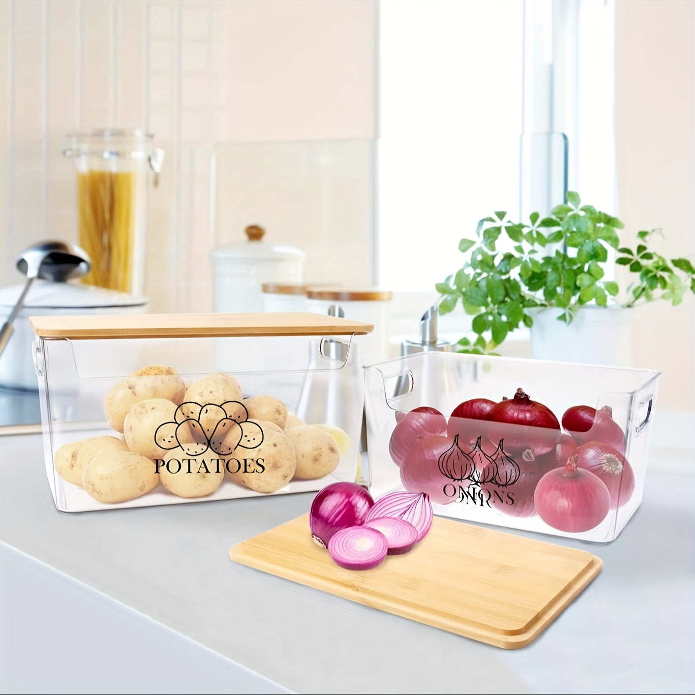 Easy-Access Kitchen Cookware Set – versatile meal preparation, 2-Set Transparent PE Clear Stackable Potato Onion Storage Container with Bamboo Lid Suitable for, designed for American homes, daily convenience and practical gifting