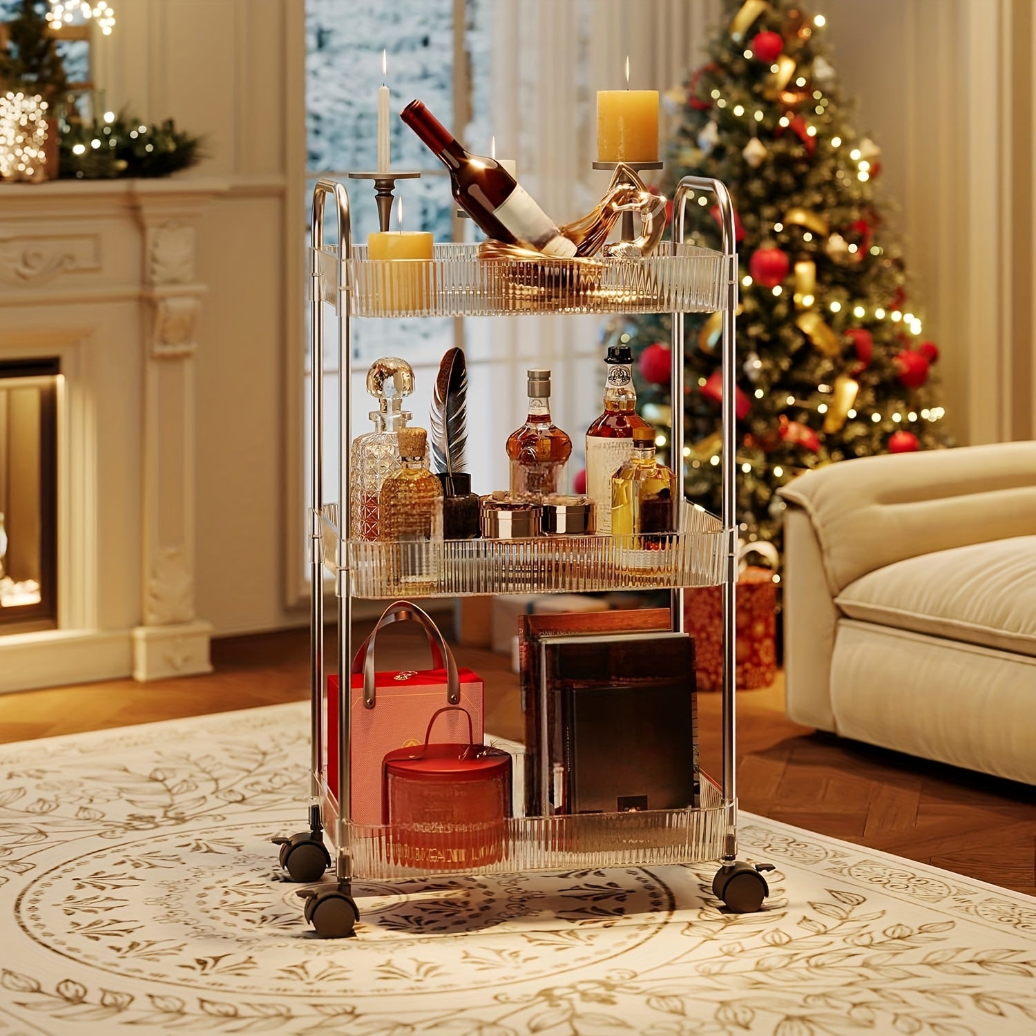 3/4 Tier Rolling Storage Cart with Hanging Storage Boxes, Multifunctional Utility Cart, Acrylic Material & Modern Minimalist Transparent Design, Alloy Frame Handle & 360° Rotating Silent Roller, Snack Cart for Dorm, Bathroom, Bar, Kitchen