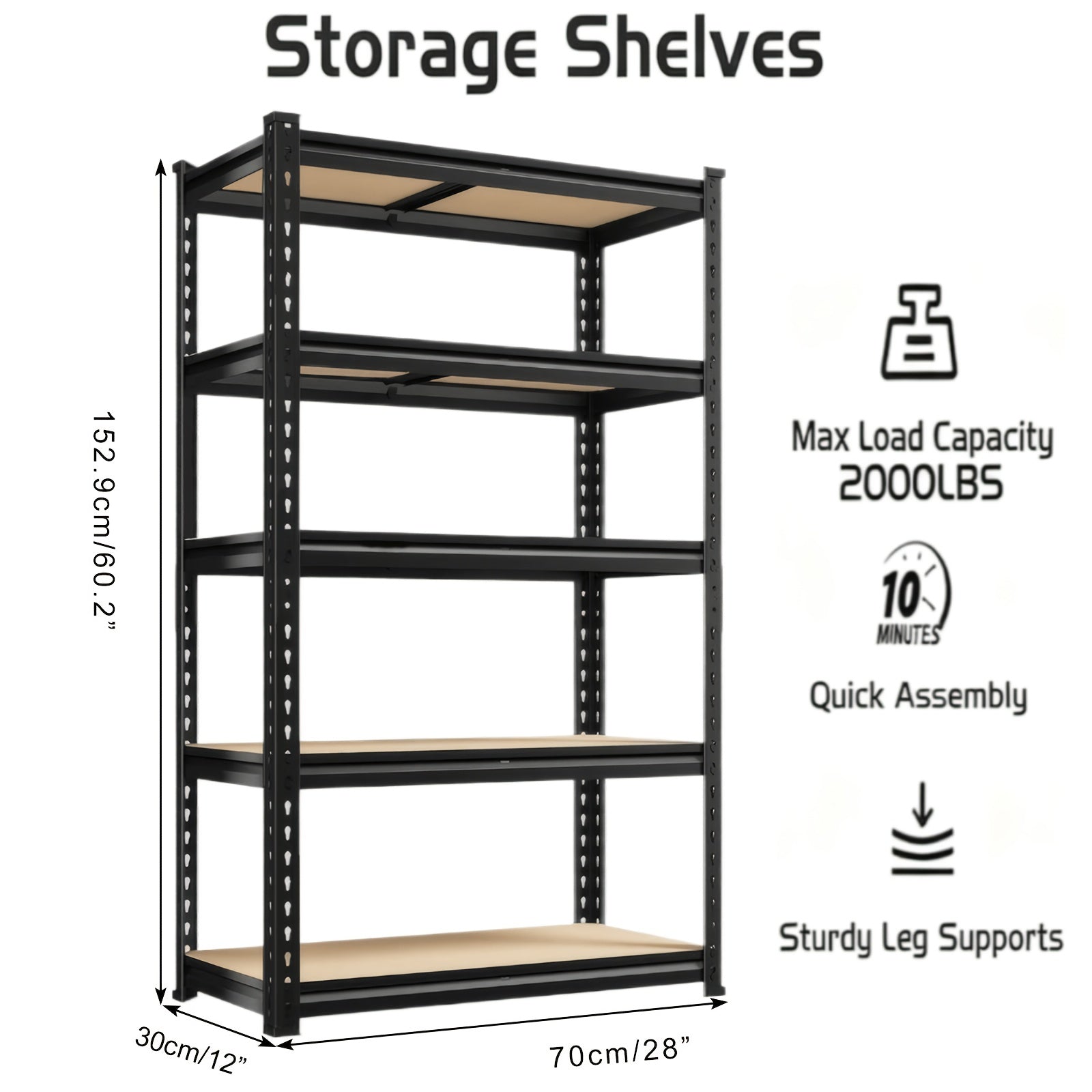 2000 Capacity Heavy-Duty 5-Tier Industrial Shelving Unit - Adjustable Height (72"/60") Black Metal Storage Rack with Open & Enclosed Shelves, Freestanding Garage, Pantry, Closet Organizer, Easy Assembly Utility Shelf with & Hammer, Utility Shelves