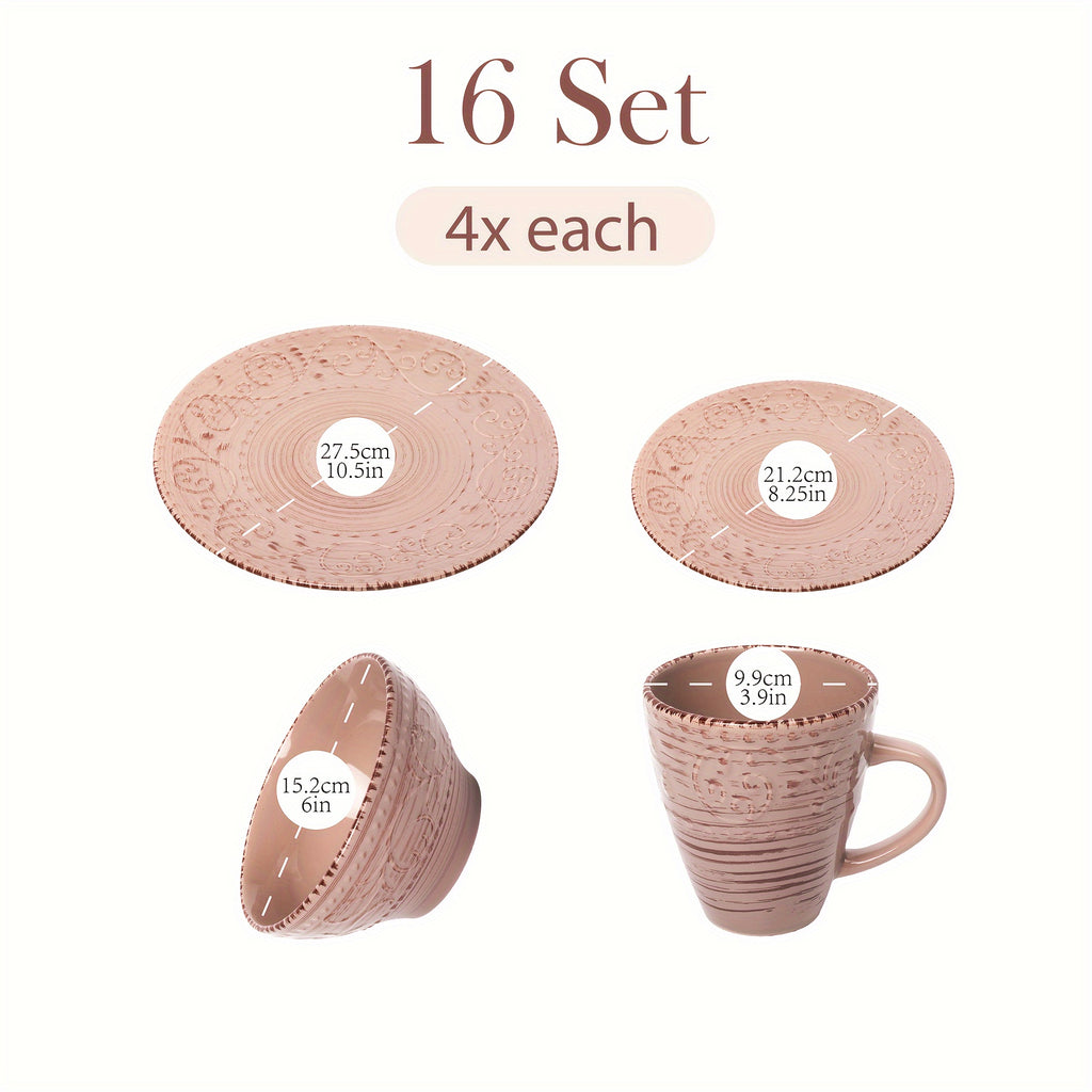 [Gifts Weddings Anniversaries] 16pcs Dinnerware Set Service for 4, Blue & Coffee Color Stoneware Set, Bowls Set, Dishes Set, Including Dinner Plates, Dessert Plates, Salad Bowls And Mugs. Chip & Scratch Resistant. Dishwasher & Microwave Safe. Gifts for We