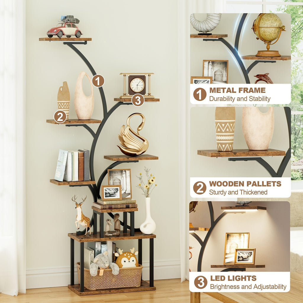 1pc Bookcase with LED Lights, 8-tier Corner Display Stand, 61.5" Multi-functional Metal Display Shelf for Plants, Handicraft, Tree-shaped Plant Shelf for Living Room, Study, Bedroom, Balcony, Entrance, Home Decor, Good Gift Choice
