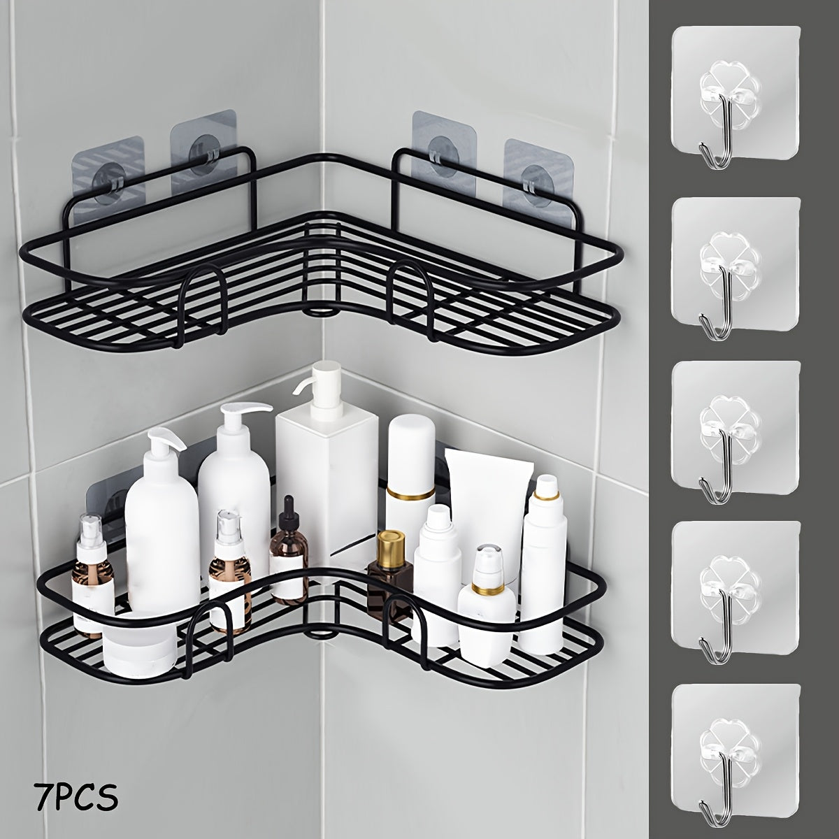 Storage Rack – 7pcs Bathroom Storage Rack Set, 2 Wall Mounted Corner Storage Racks, 5 Transparent