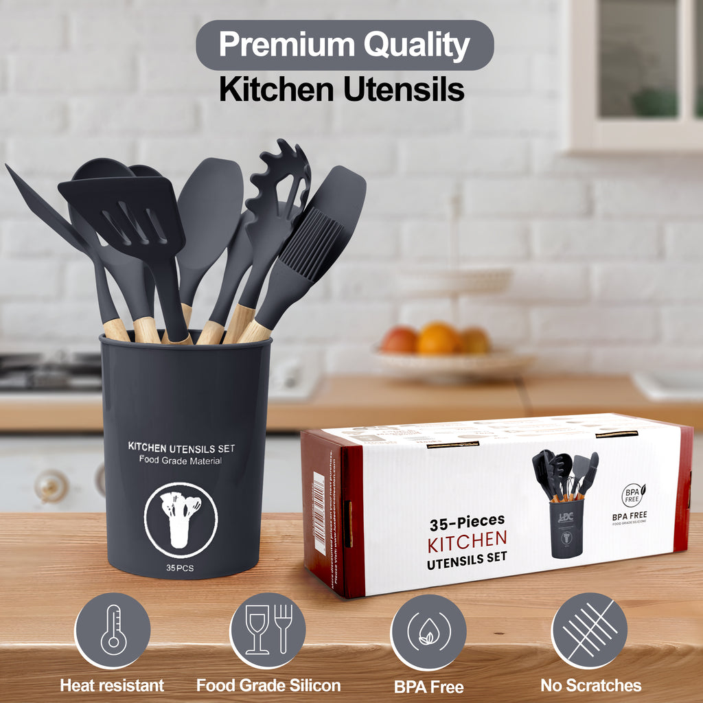 Kitchen Essential – 35 Piece Kitchen Utensils Set with Holder - Heat Resistant Wooden Handle - Silicone Non-Stick Cooking Spatula, Kitchen Essentials Tools and Gadgets for Modern US Homes, e