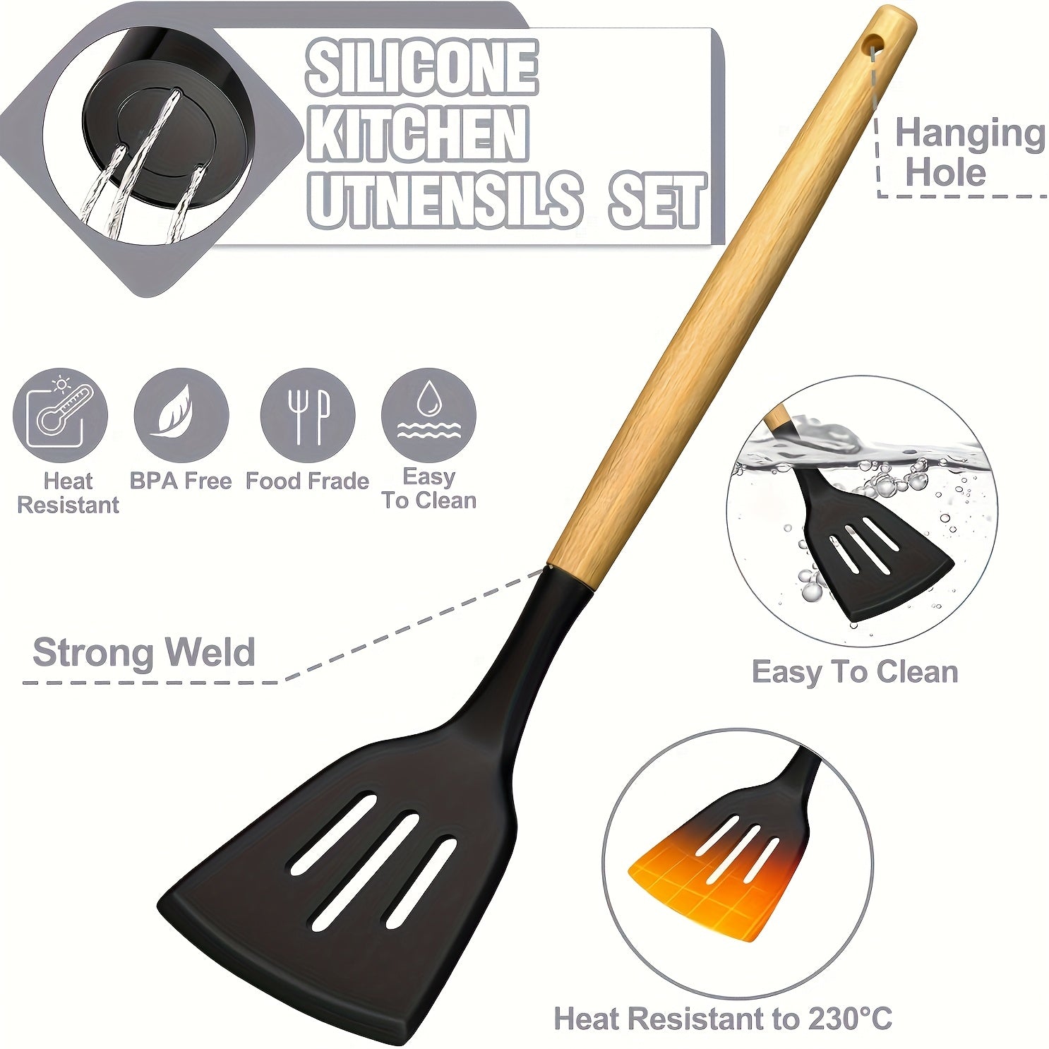 Kitchen Utensil Set - 34pcs Silicone Cooking Utensil with Rack, Heat-resistant Kitchen Utensil Spade Set, Suitable for Non-stick Cooking Utensils, Black Wooden Handle Kitchen Utensil Set