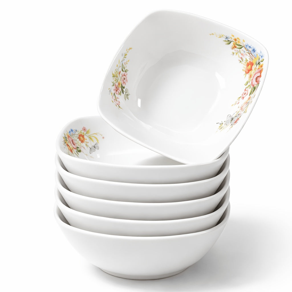 [4pcs Ceramic Bowl] 4pcs Modern Square 5Inch Ceramic Bowl Stylish Curved Edge Design Floral Pattern Soup Dessert Bowl Unique Shape Dinnerware Minimalist Nordic Style Salad Rice Serving Bowl Aesthetic Home Kitchen Tableware
