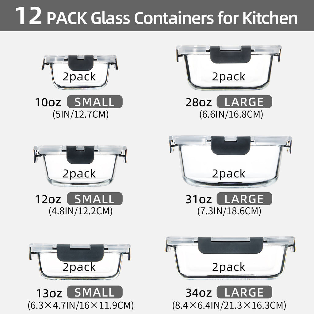 Easy-Access 12pcs Glass Meal Prep Container Set – leak-resistant reusable meal prep, 12pcs Glass Food Storage Containers with Lids Meal Prep Pantry Kitchen Storage Containers for, designed for American homes, daily convenience and practical gifting