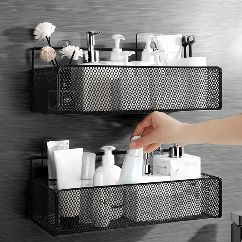 2pcs Easy Installation Bathroom Stainless Steel Shelf, Wall Hanging, Non-Tracking Stickers for Bathroom, Balcony, Kitchen And Toilet Storage, Drill-Free Wall Mounted Organizer, Shelf Baskets