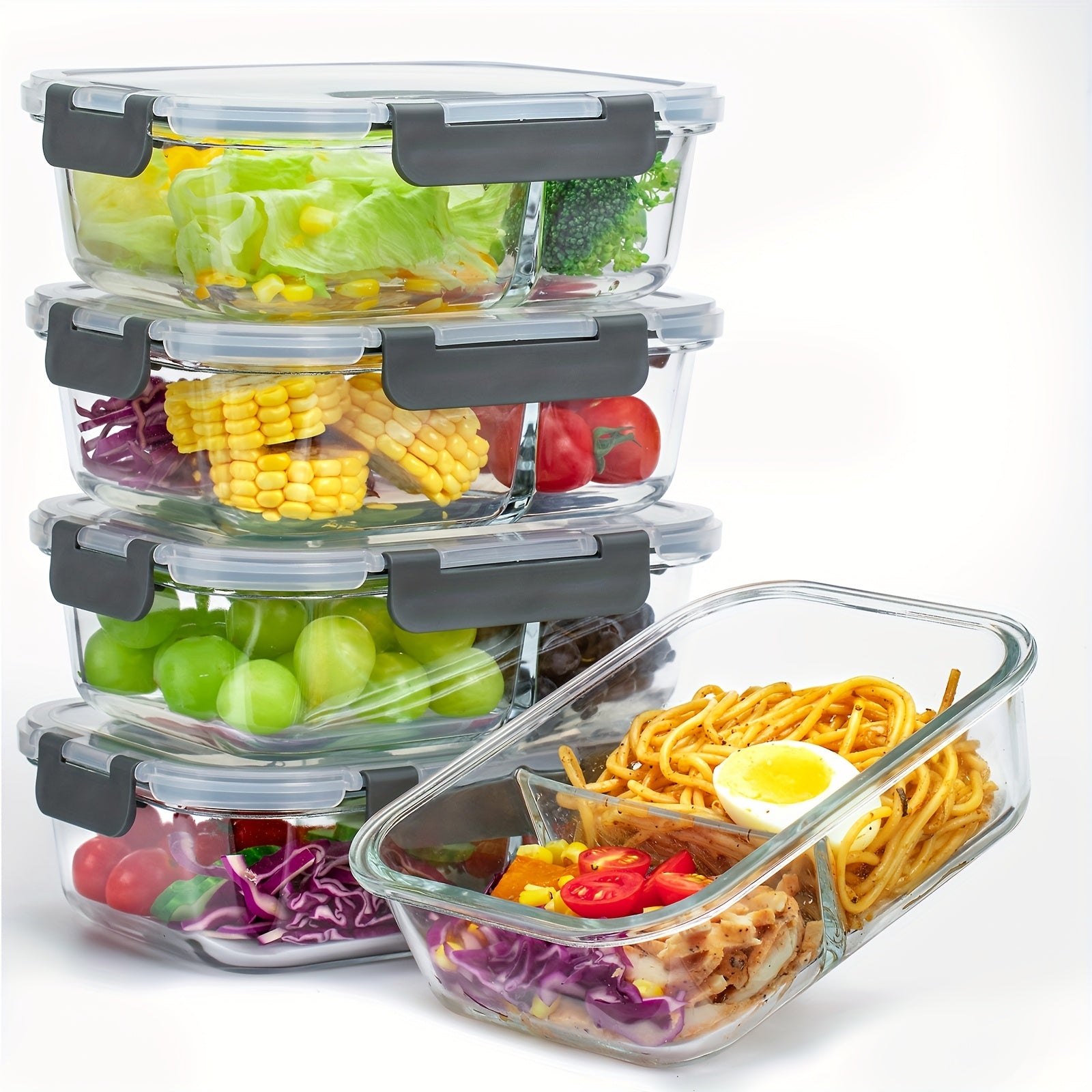 TYKOON 5/9pcs Glass Meal Prep Containers with Upgraded Snap-Lock Lids, 30/36oz Glass Food Storage Containers, 2-Compartment Set, Leak-Proof & Microwave, Oven, and Fridge Safe