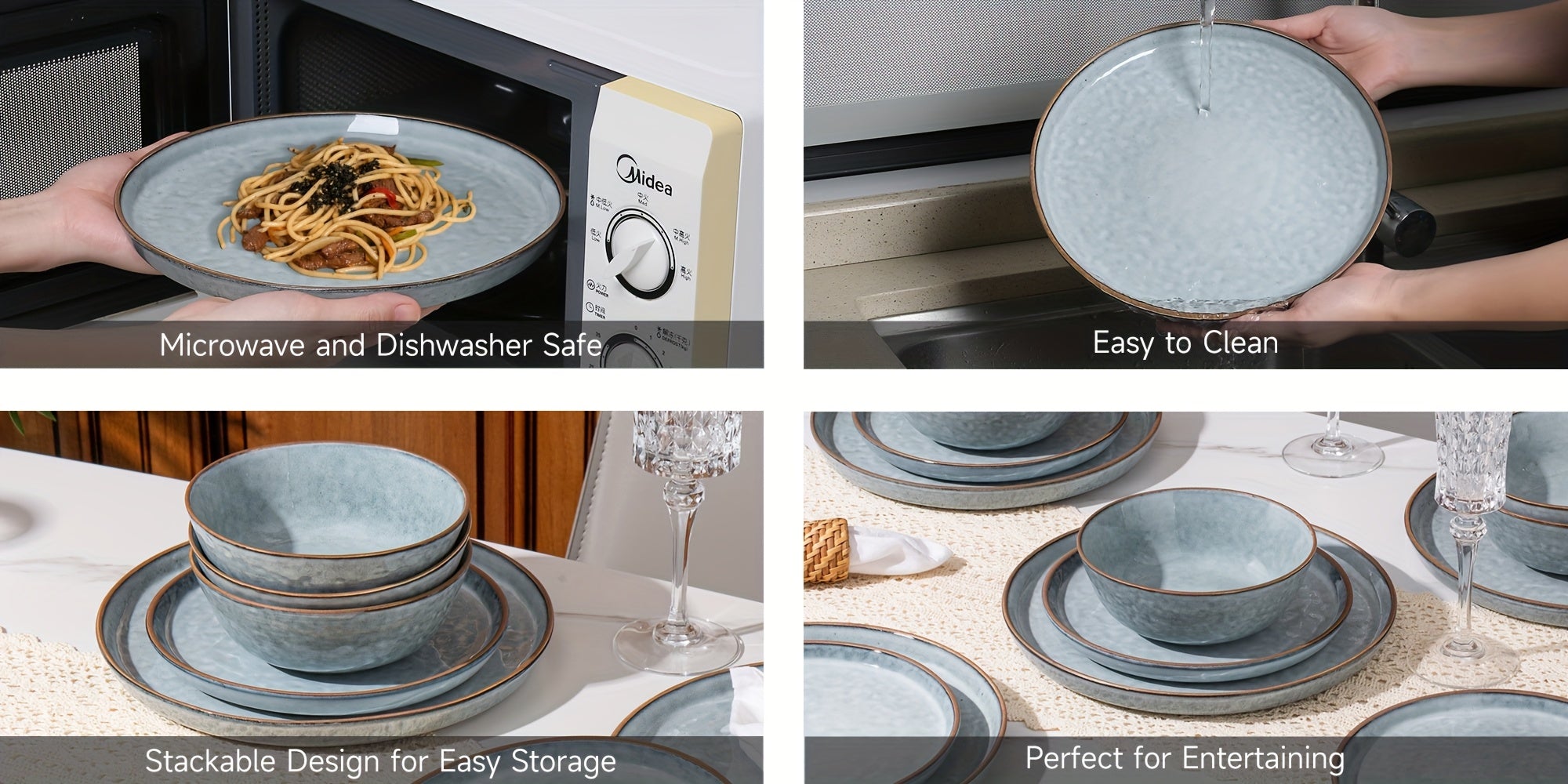 Heavy-Duty 12pcs Decorative Home Lighting – warm functional room lighting, ALOFMO 12pcs Light Grayish Blue Reactive Glaze Ceramic Dinnerware Set High-Quality Water Wave Stoneware, designed for American homes, daily convenience and practical gifting