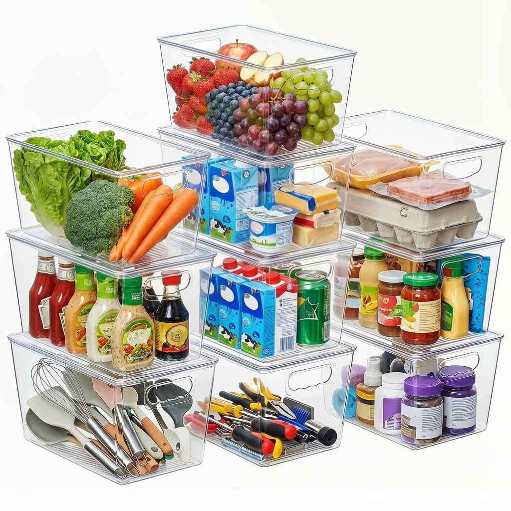 [Stackable Storage Bins] 10 Pack Clear Stackable Storage Bins With Lids, Large Plastic Containers With Handle For Pantry Organizer And Storage, Perfect For Kitchen, Fridge, Cabinet, Closet, Bathroom Organization