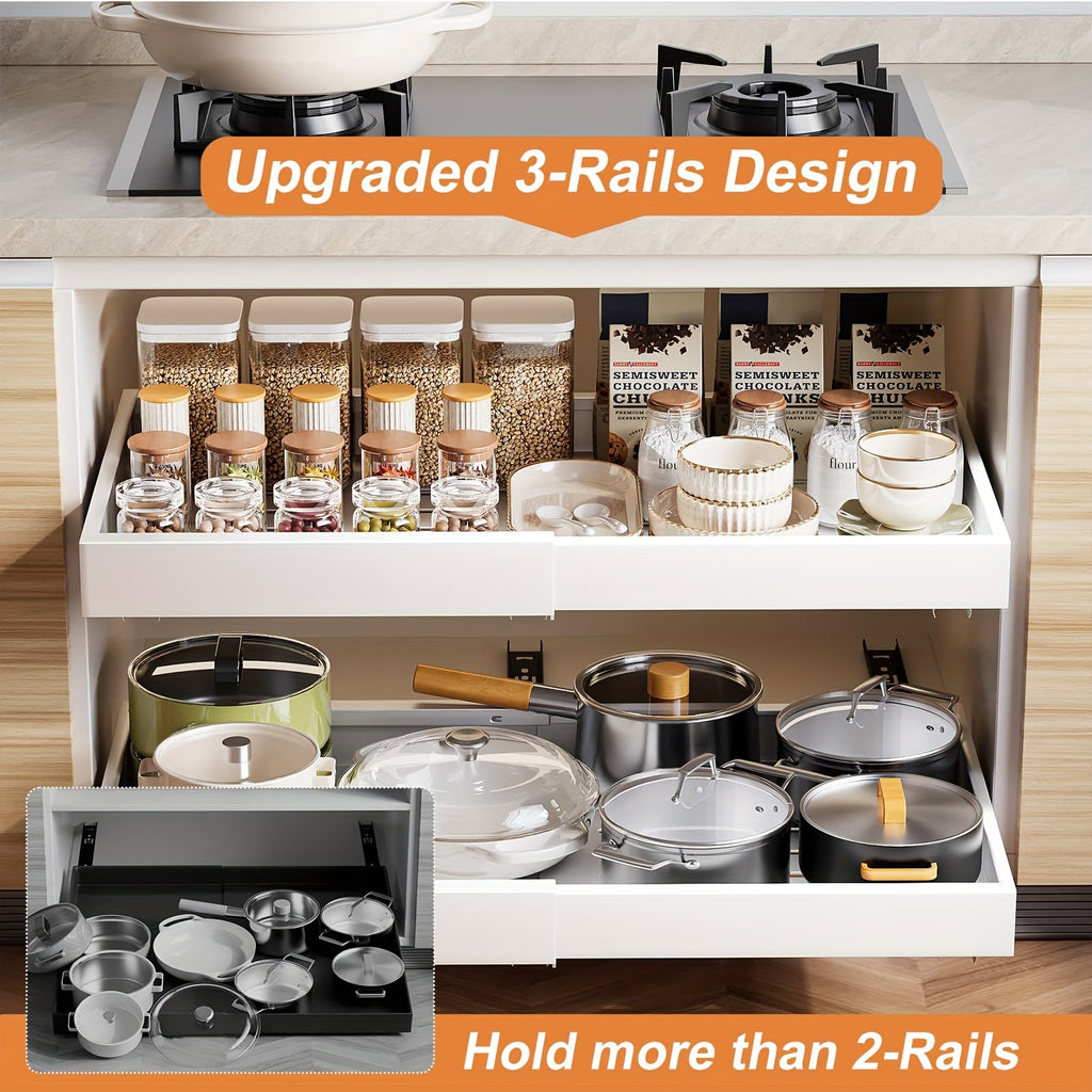 4-Pack Carbon Steel Expandable Pull Out Cabinet Organizer (12.6"-20.6"W), Rust-Resistant Silent Sliding Drawers with Adhesive Nano Film Or Nail Installation, 17" Deep Slide Out Drawers for Kitchen, Pantry