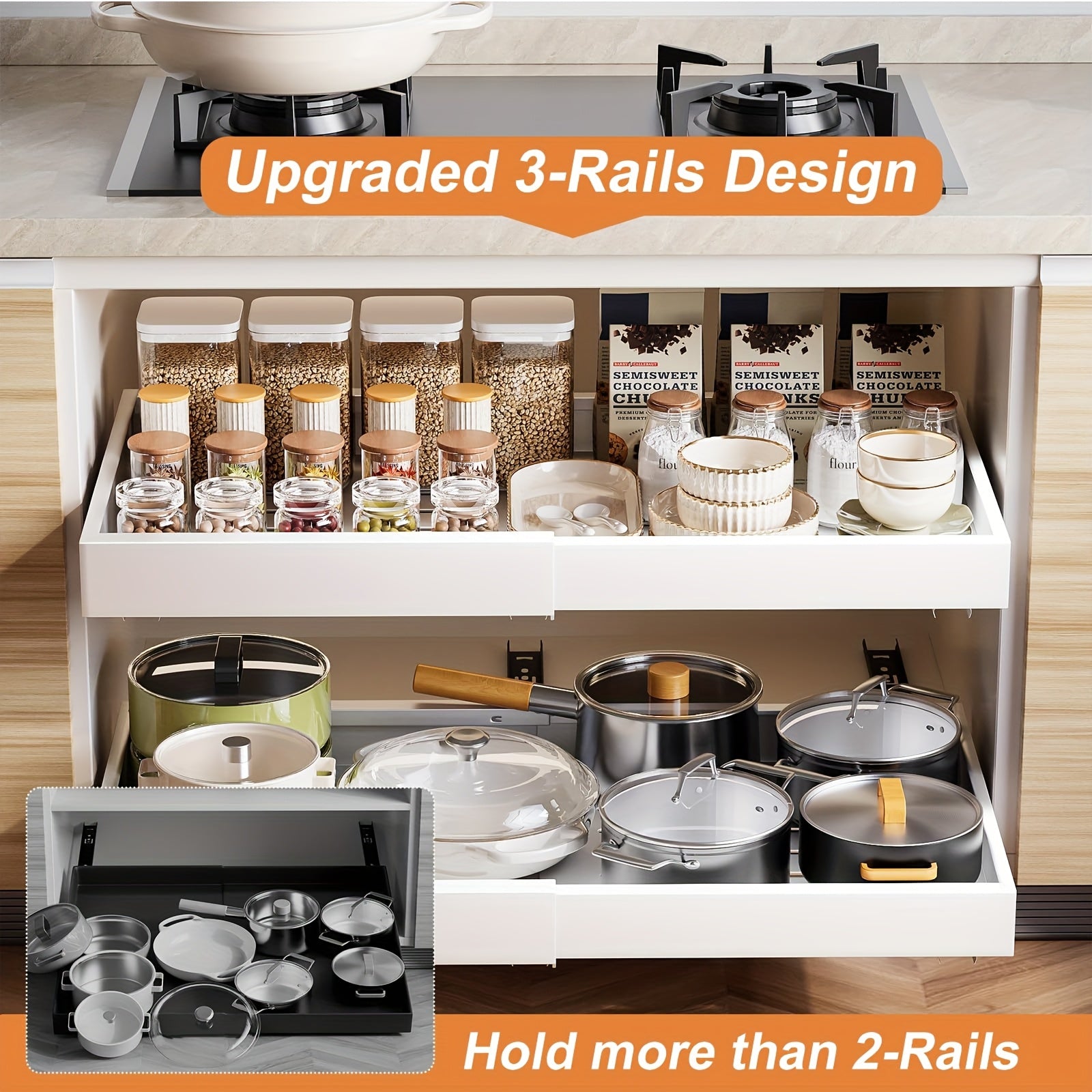 4-Pack Carbon Steel Expandable Pull Out Cabinet Organizer (12.6"-20.6"W), Rust-Resistant Silent Sliding Drawers with Adhesive Nano Film Or Nail Installation, 17" Deep Slide Out Drawers for Kitchen, Pantry