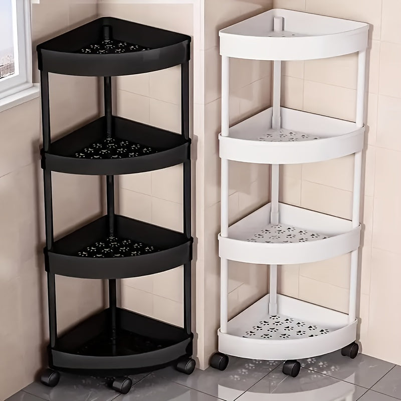 Rotating Wheel Bathroom Corner Shelf, Fan-Shaped Three-Layer Storage Rack, Space-Saving 90 ° Corner Design, Thickened And Elevated, Hollow Drainage, Plastic Material, Suitable for Bathroom, Kitchen, Bedroom, Living Room, Utility Racks