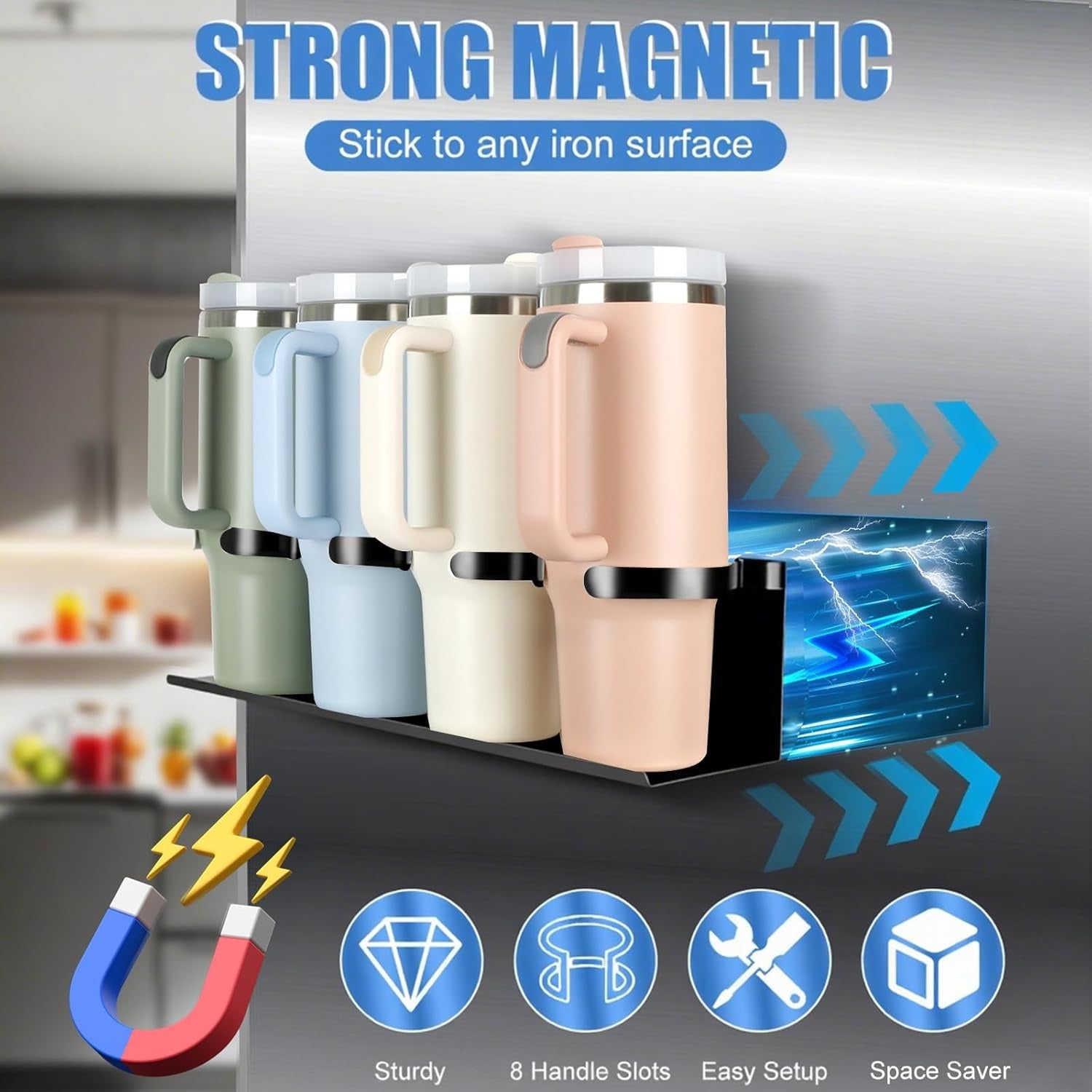 Kitchen Essential – 4-Pack Magnetic Cup Holder for Refrigerator, Magnetic Tumbler Lid Organizer for 20Oz 30Oz 40Oz Cups, Water Bottle Holder Rack with 7 Hooks for Kitchen Fridge Cabinets (Bl