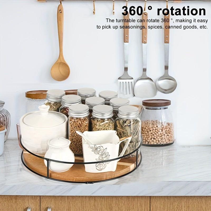 Heavy-Duty Adjustable Home Storage Rack – durable multi-purpose storage, Wooden Rotating Storage Rack with Steel Handrails Kitchen Spice Tray Susan Rotating Solid Wood, designed for American homes, daily convenience and practical gifting