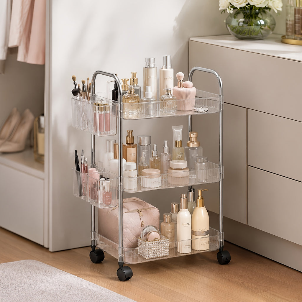 3/4 Tier Rolling Storage Cart with Hanging Storage Boxes, Multifunctional Utility Cart, Acrylic Material & Modern Minimalist Transparent Design, Alloy Frame Handle & 360° Rotating Silent Roller, Snack Cart for Dorm, Bathroom, Bar, Kitchen