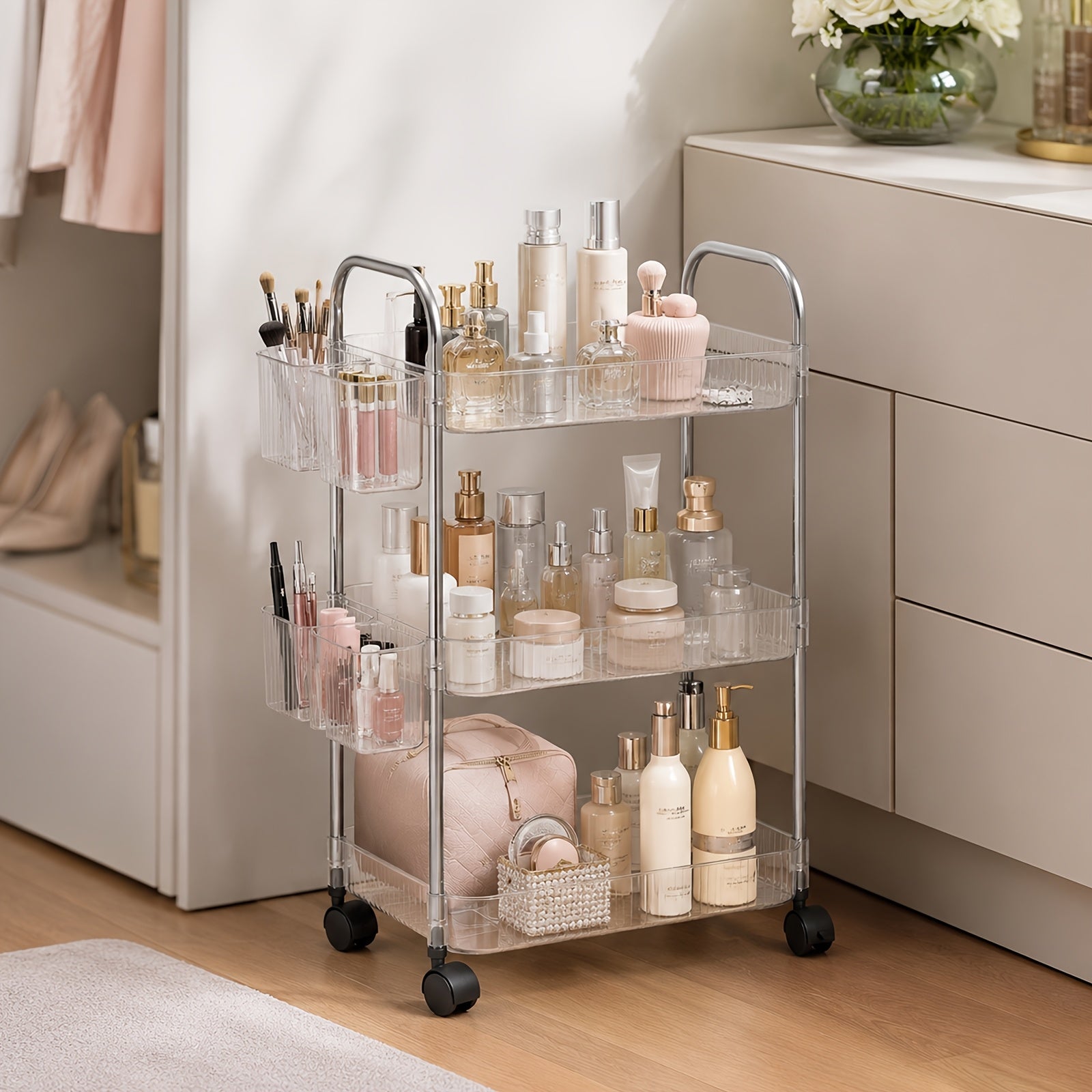 3/4 Tier Rolling Storage Cart with Hanging Storage Boxes, Multifunctional Utility Cart, Acrylic Material & Modern Minimalist Transparent Design, Alloy Frame Handle & 360° Rotating Silent Roller, Snack Cart for Dorm, Bathroom, Bar, Kitchen