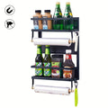 Kitchen Essential – Magnetic Fridge Organizer Spice Rack with Paper Towel Holder And 5 Extra Hooks, 3 Tier Magnet Refrigerator Shelf In Kitchen Holds Up to 45 LBS, Black, Utility Racks for M