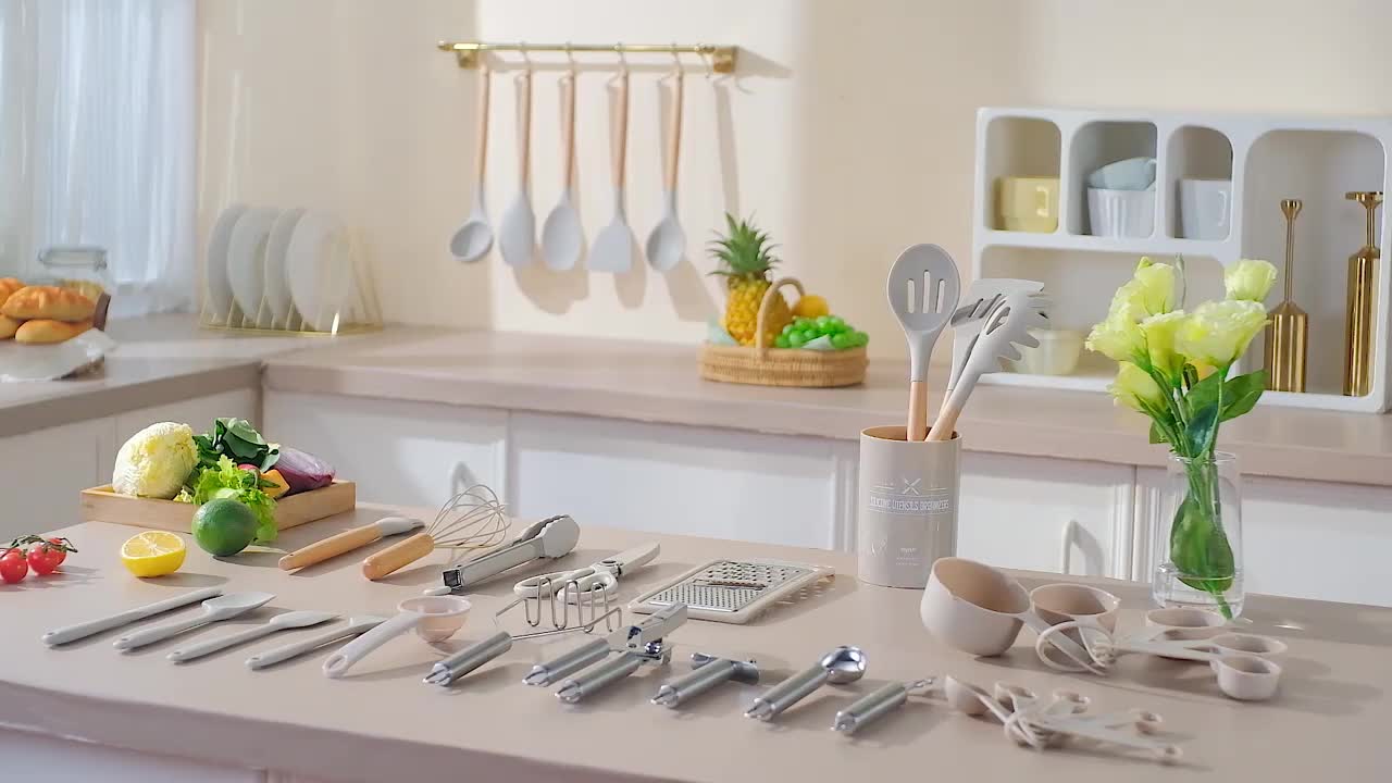Kitchen Essential – Kitchen Utensil Set - 34/35pcs Silicone Cooking Utensils, Heat-Resistant Kitchen Utensil Spatula Set, Suitable for Non-Stick Pans, Wooden Handle Kitchen Tool Set for Mode