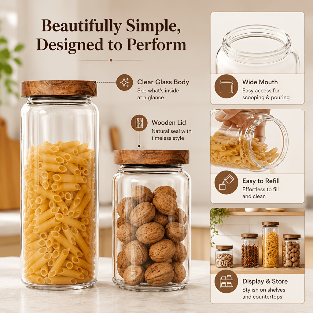 Compact 4pcs Stackable Home Storage Bins – portable space-saving storage, 4pcs Sealed Glass Storage Tank with Wooden Lid - Food Grade Transparent Kitchen Storage, designed for American homes, daily convenience and practical gifting