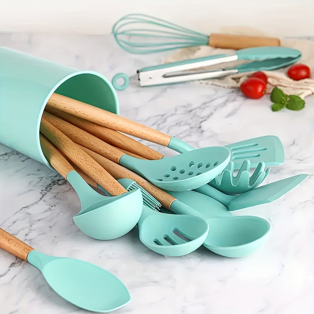 Upgrade Your Kitchen with 23pcs (12pcs kitchen utensils + 5pcs small colanders + 5pcs large colanders + 1pc small scraper) Silicone Cooking Tools Set in a Colorful Storage Container with Wooden Handles - Sturdy, Trendy Quality Kitchen