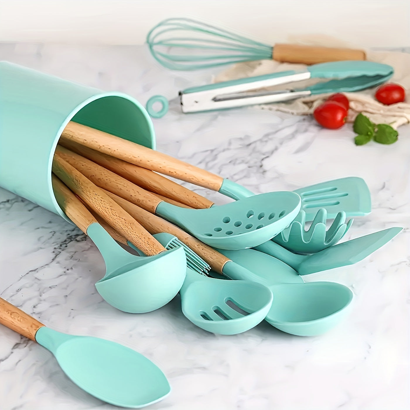 Upgrade Your Kitchen with 23pcs (12pcs kitchen utensils + 5pcs small colanders + 5pcs large colanders + 1pc small scraper) Silicone Cooking Tools Set in a Colorful Storage Container with Wooden Handles - Sturdy, Trendy Quality Kitchen