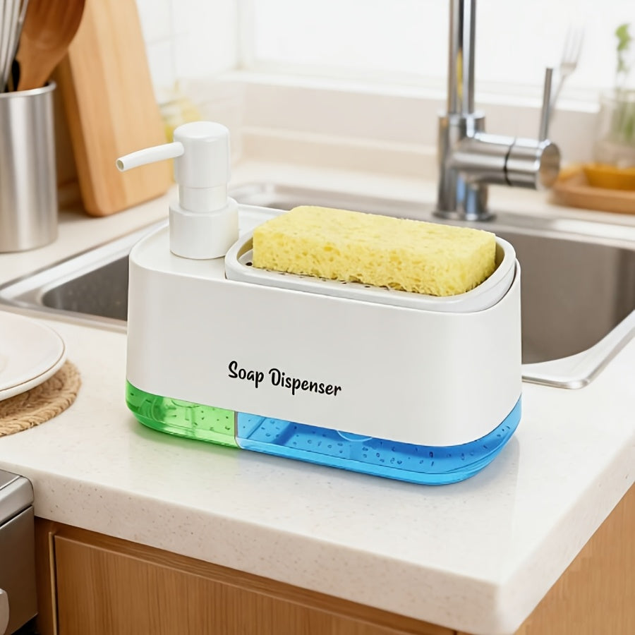 1pc Multi-Function Soap Dispenser with Built-In Sponge Holder - Leak-Proof Battery-Free Pump, Space-Saving Hygienic Hands-Free Design for Kitchen & Bathroom Countertop Organizer - Durable Rectangular Soap Dispensers for or Gift