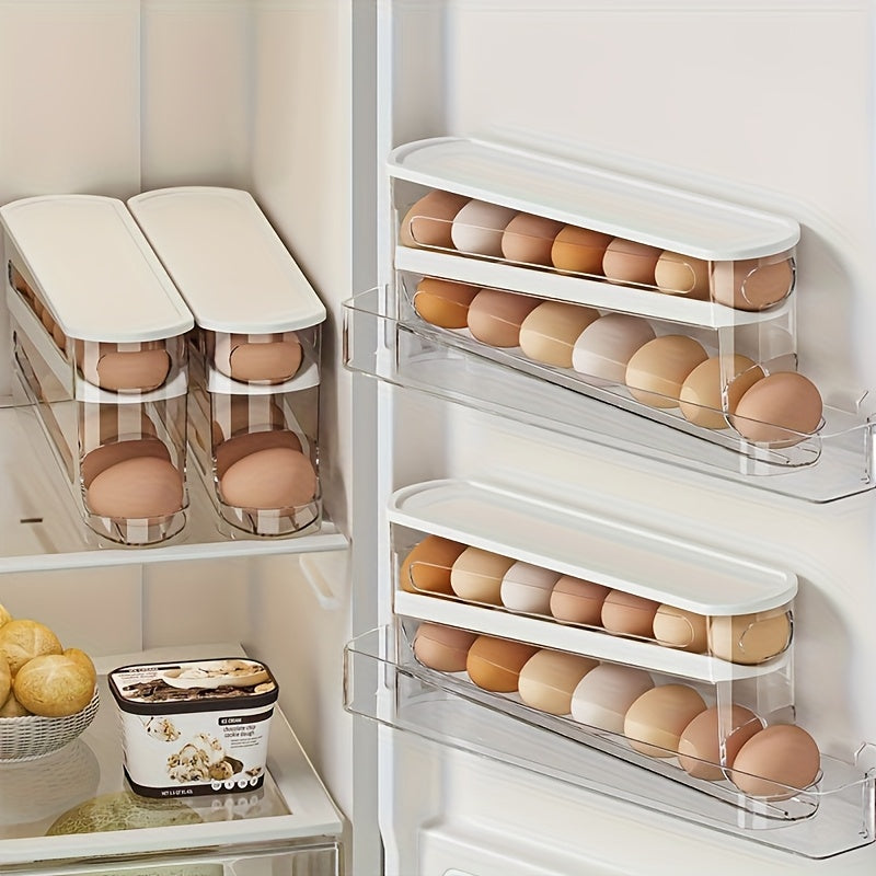 Automatic Rolling Sliding Egg Rack, Space-Saving Design with Easy Access Sliding Tiers And Transparent Compartment, for Kitchen And Refrigerator Storage, Durable No Batteries Required