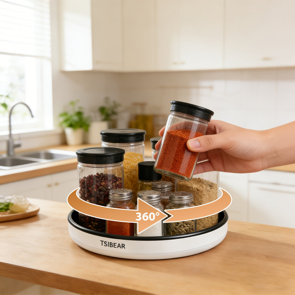 Premium Glass Spice Jar Set – clear reusable pantry storage, 360 Rotating Lazy Susan Turntable Organizer Non-Slip Spice Rack for Kitchen Cabinet Countertop Dining, designed for American homes, daily convenience and practical gifting