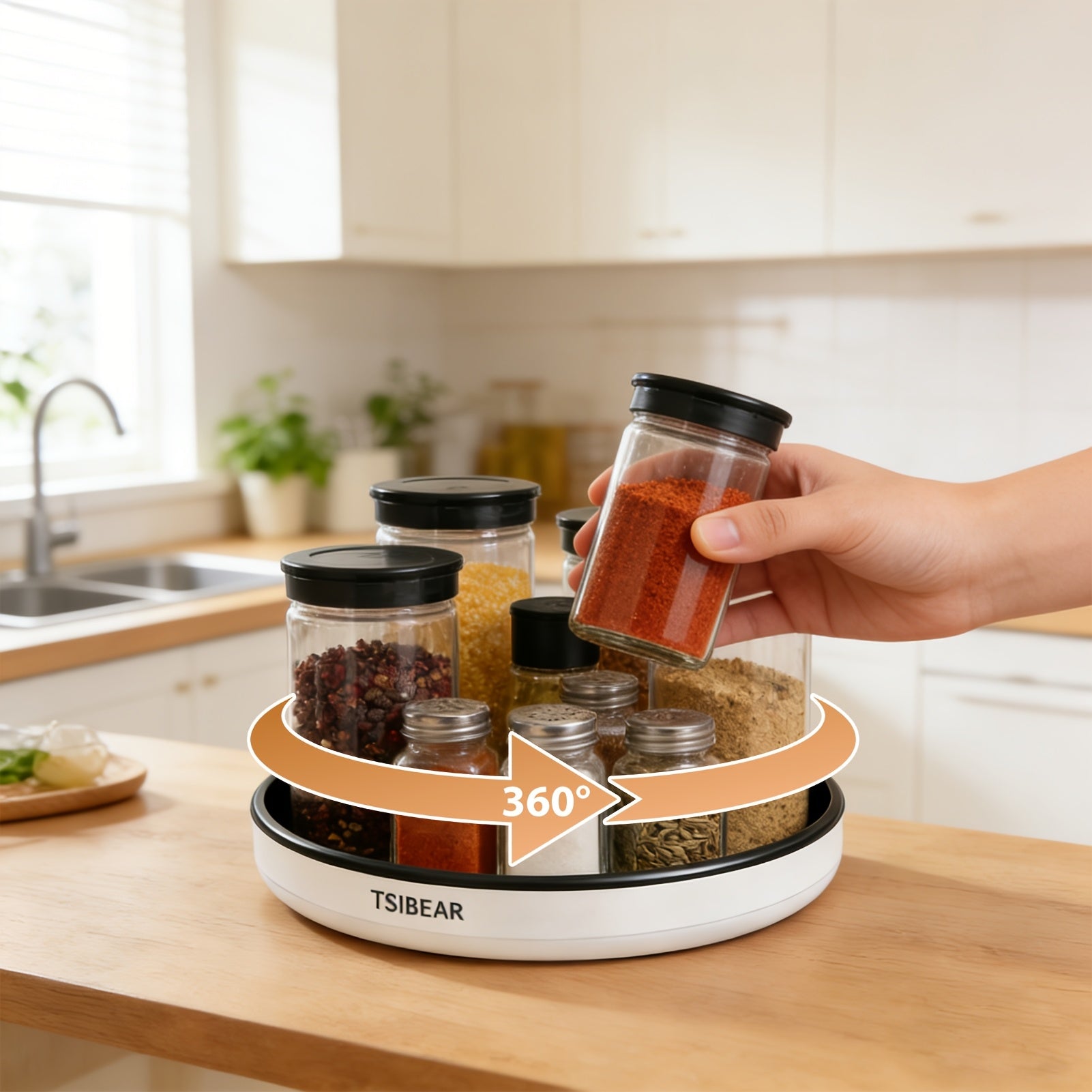 Premium Glass Spice Jar Set – clear reusable pantry storage, 360 Rotating Lazy Susan Turntable Organizer Non-Slip Spice Rack for Kitchen Cabinet Countertop Dining, designed for American homes, daily convenience and practical gifting