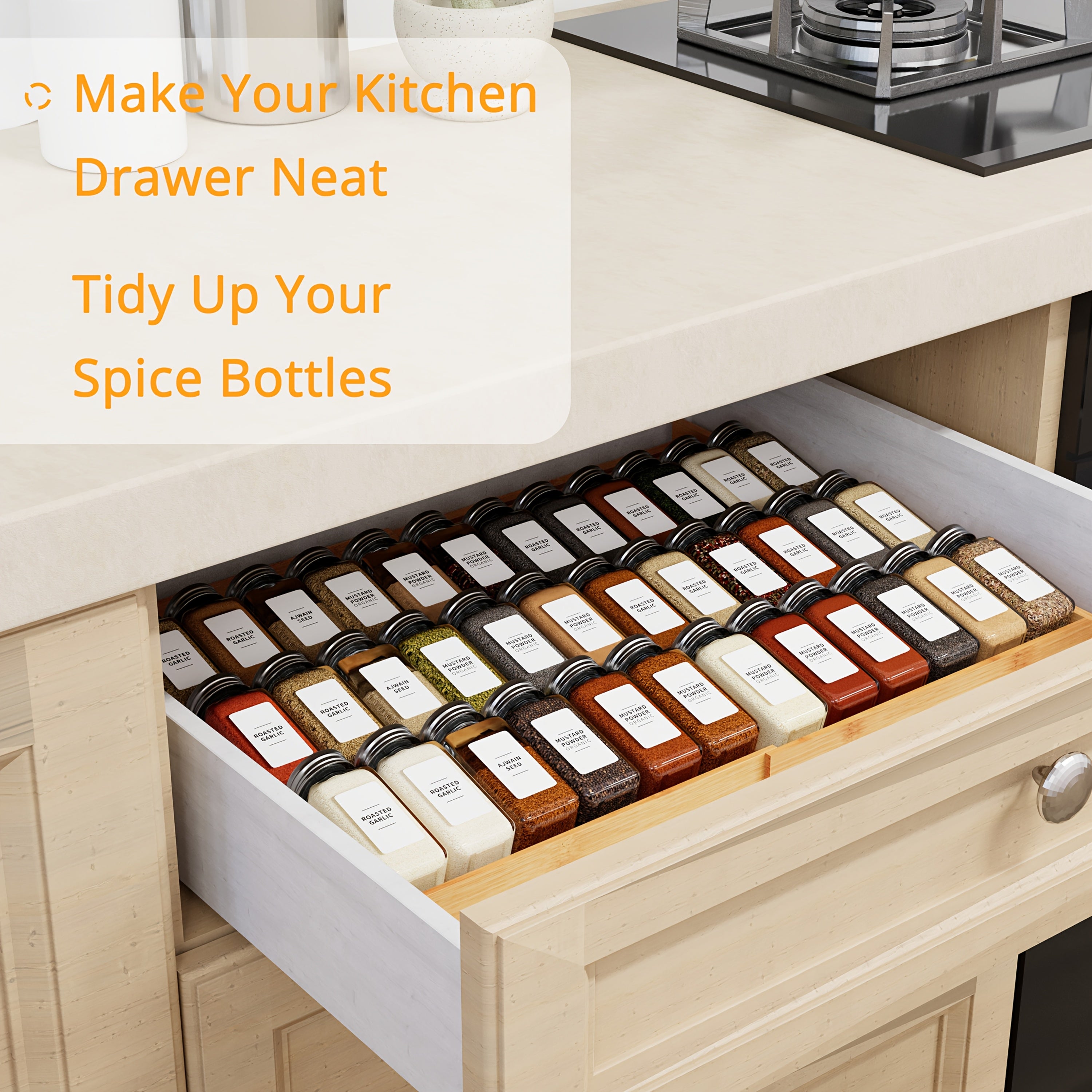 Compact Glass Spice Jar Set – clear reusable pantry storage, Expandable 4-Tier Bamboo Spice Drawer Organizer For Kitchen Cabinets Fits Drawers 3 Deep Adjustable, designed for American homes, daily convenience and practical gifting