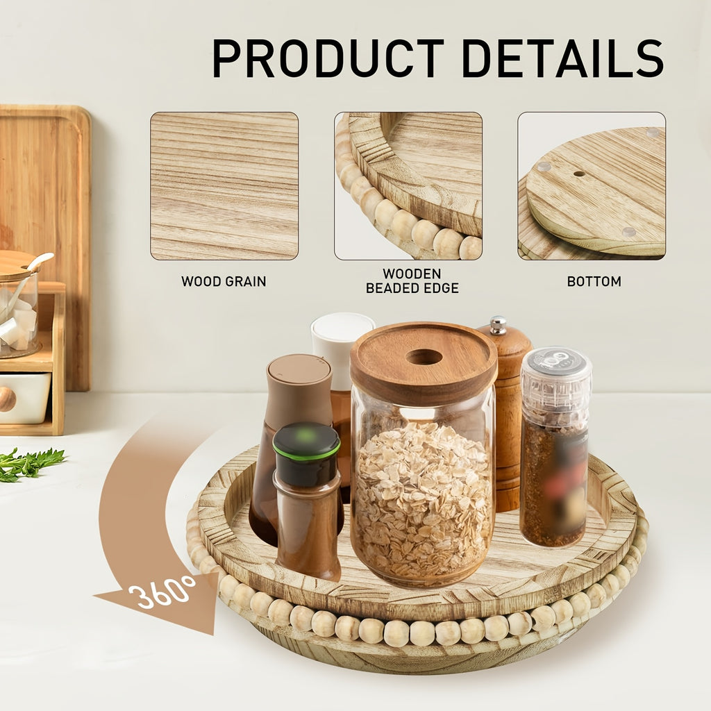 Kitchen Essential – Lazy Susan Turntable Organizer With Beads, 360 Degrees Rotating Display Stand For Spice Racks, Farmhouse Countertop Organizer For Bathroom, Kitchen, Bedroom, Livingroom,