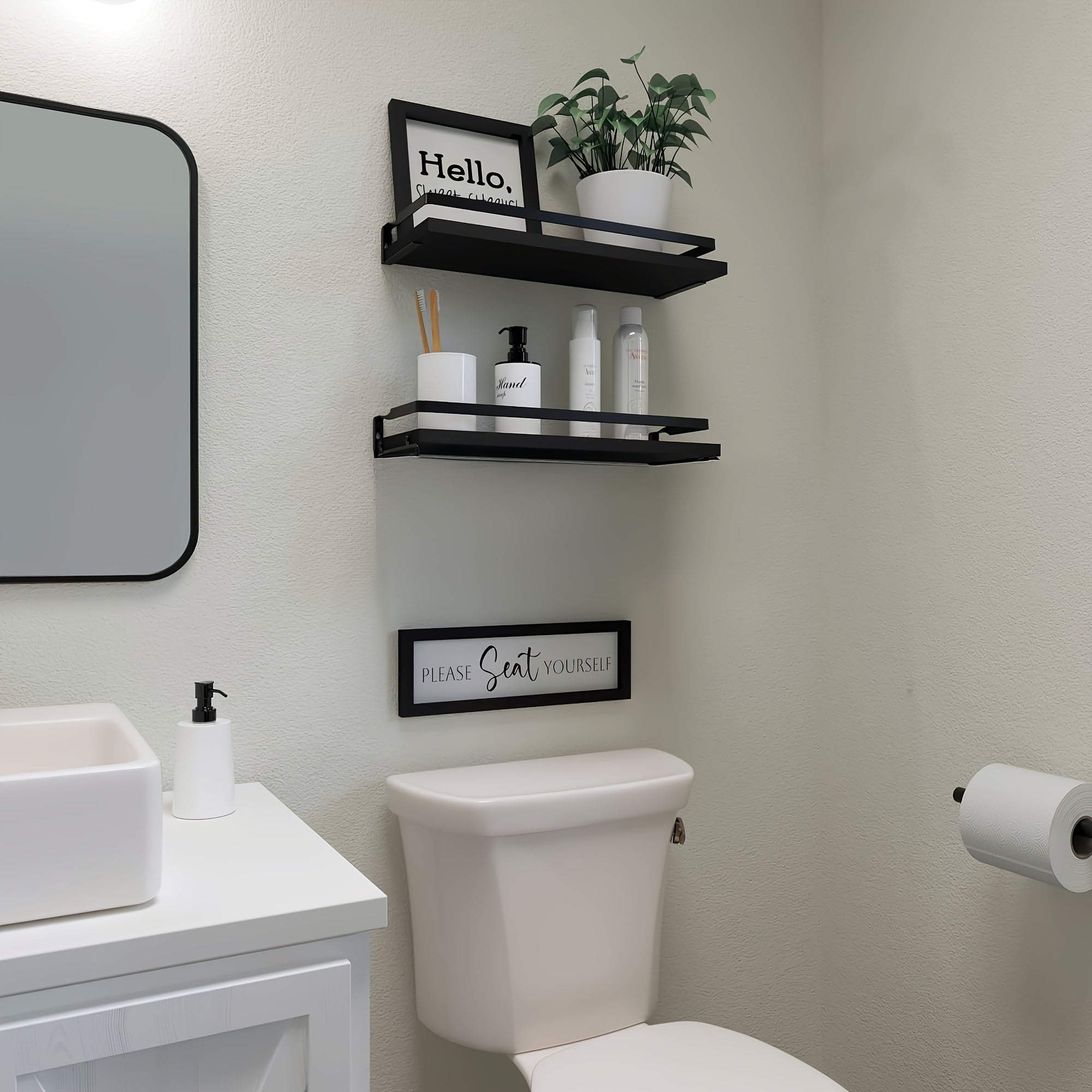 3-Tier Floating Shelves for Wall Decor | Black Metal Guardrail, Over Toilet with Storage Basket, Suitable for Bedroom, Living Room, Kitchen and Bathroom