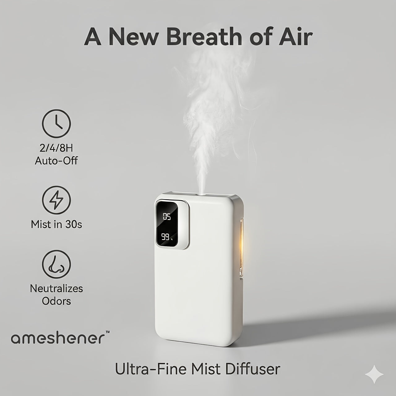 Essential Oil Refill Pack Sold Separately. 1800mAh Ultrasonic Aroma Diffuser With 7-level Control. Fine Mist Diffusion To Quickly Eliminate Hotness In The Bedroom, Bathroom, Toilet Odors And Study Room Odors. Digital USB Charging. Ideal Choice For N